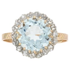 French 19th Century Aquamarine Diamonds 18 Karat Yellow Gold Round Ring