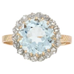 Antique French 19th Century Aquamarine Diamonds 18 Karat Yellow Gold Round Ring