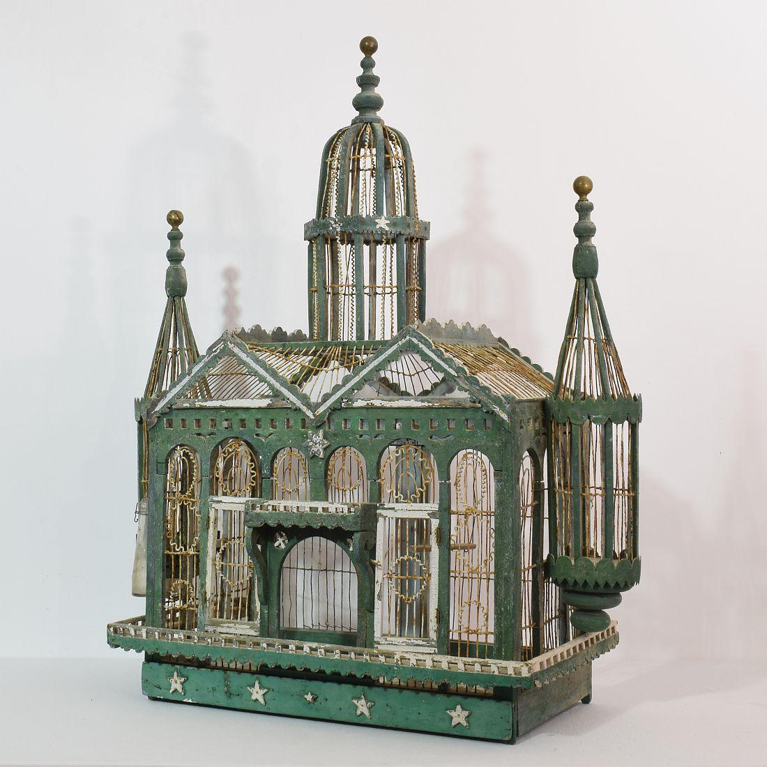 Beautiful and unique French birdcage from the Belle Époque. Great weathered green color. Extremely rare find.
France, circa 1880-1900
Weathered, losses and old repairs. More pictures are available on request.