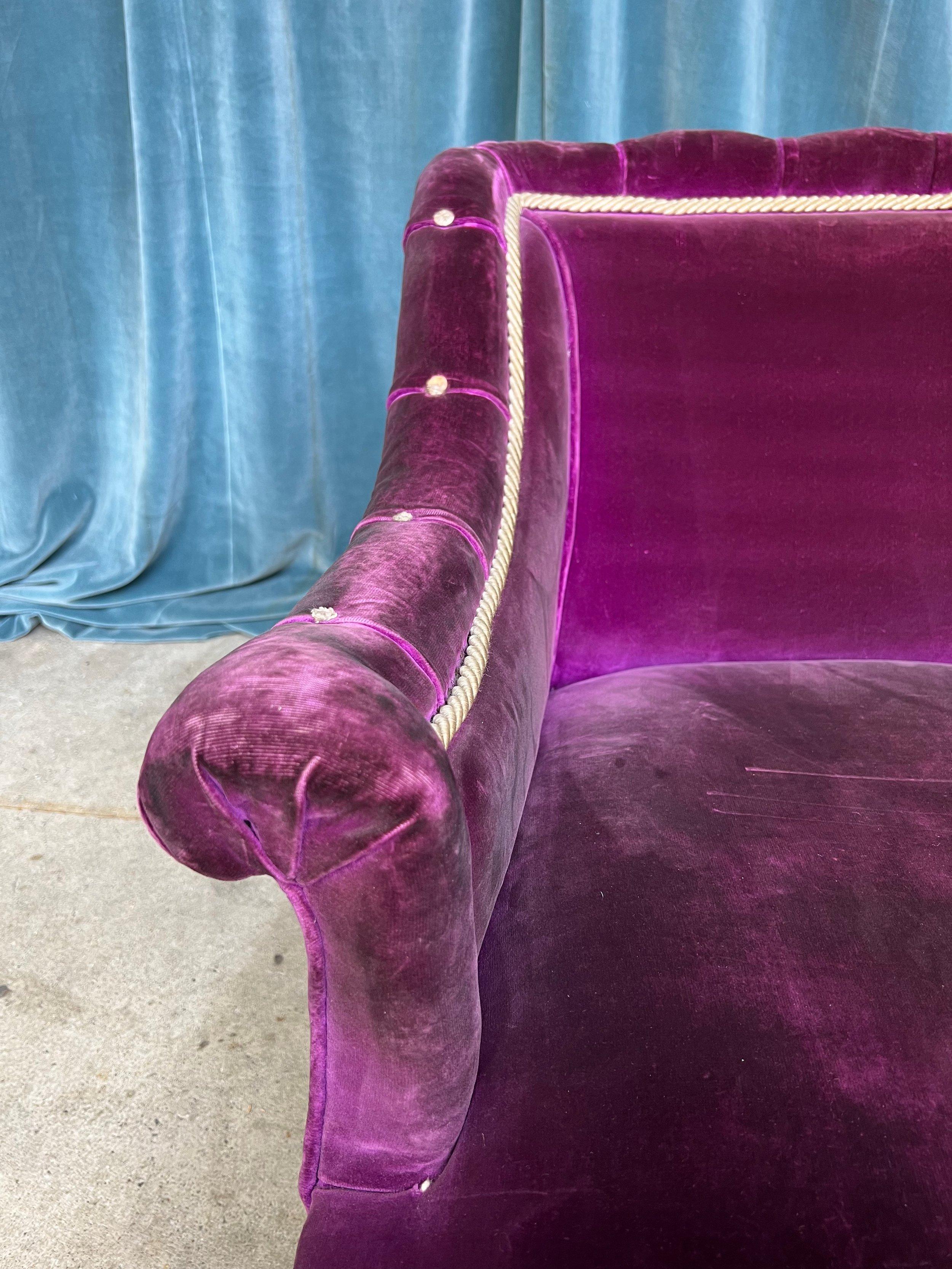 French 19th Century Armchair in Distressed Purple Velvet with White Braided Trim For Sale 6