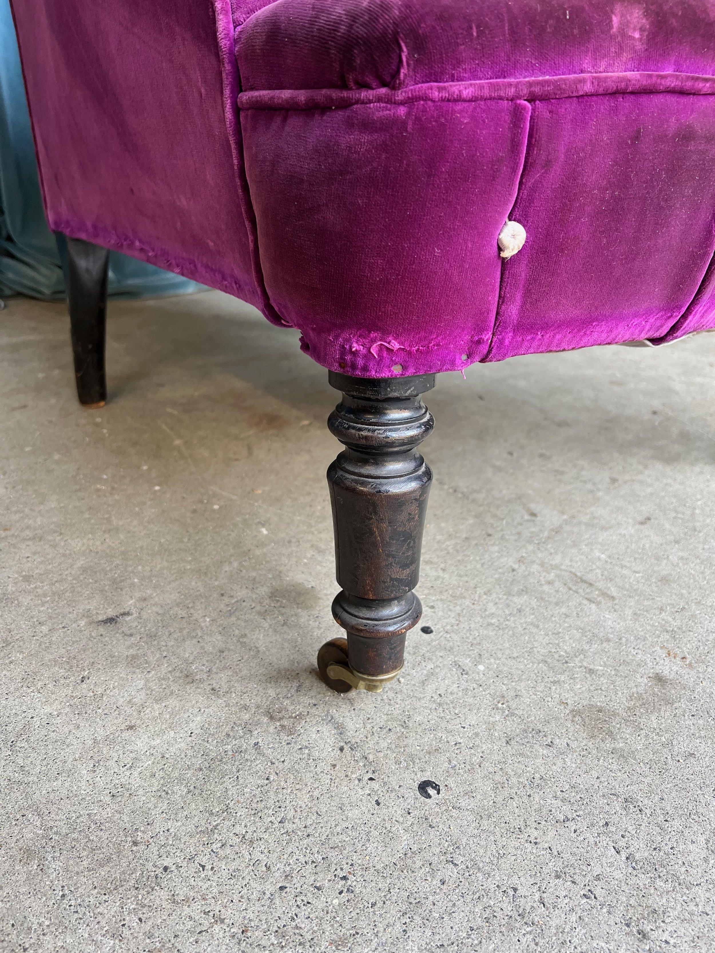 French 19th Century Armchair in Distressed Purple Velvet with White Braided Trim For Sale 7