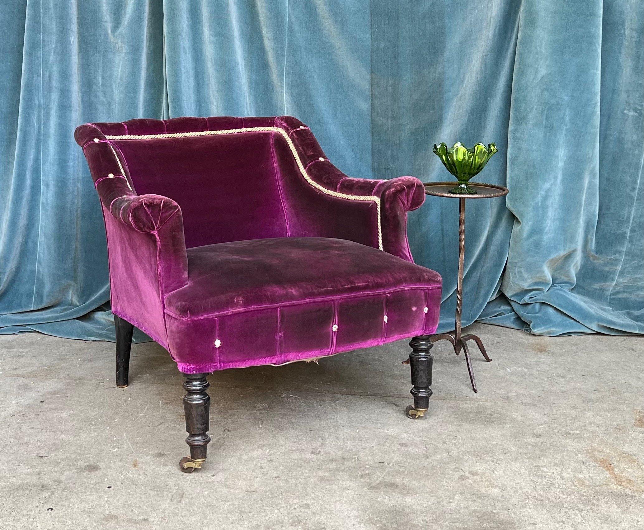 French 19th Century Armchair in Distressed Purple Velvet with White Braided Trim For Sale 8
