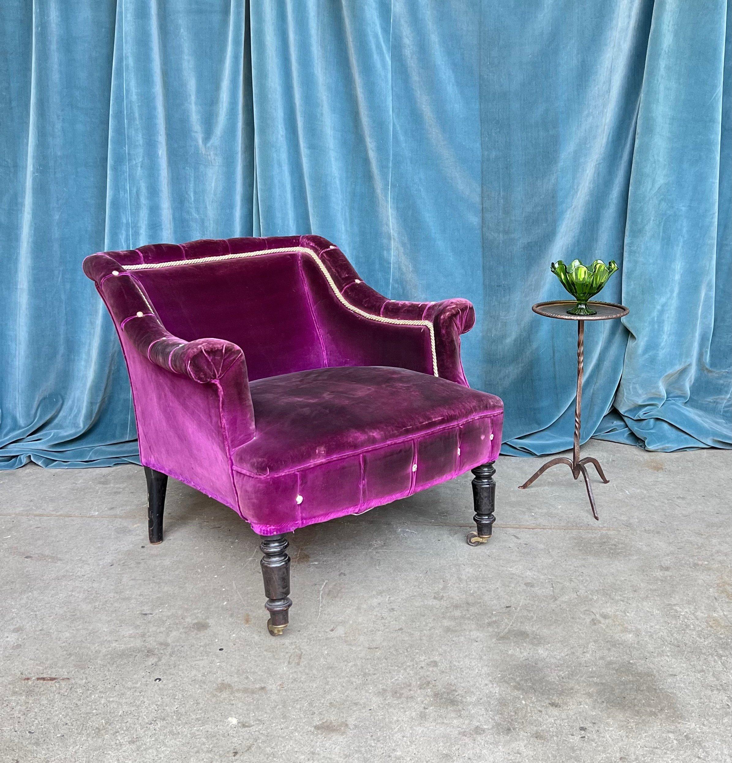 Napoleon III French 19th Century Armchair in Distressed Purple Velvet with White Braided Trim For Sale