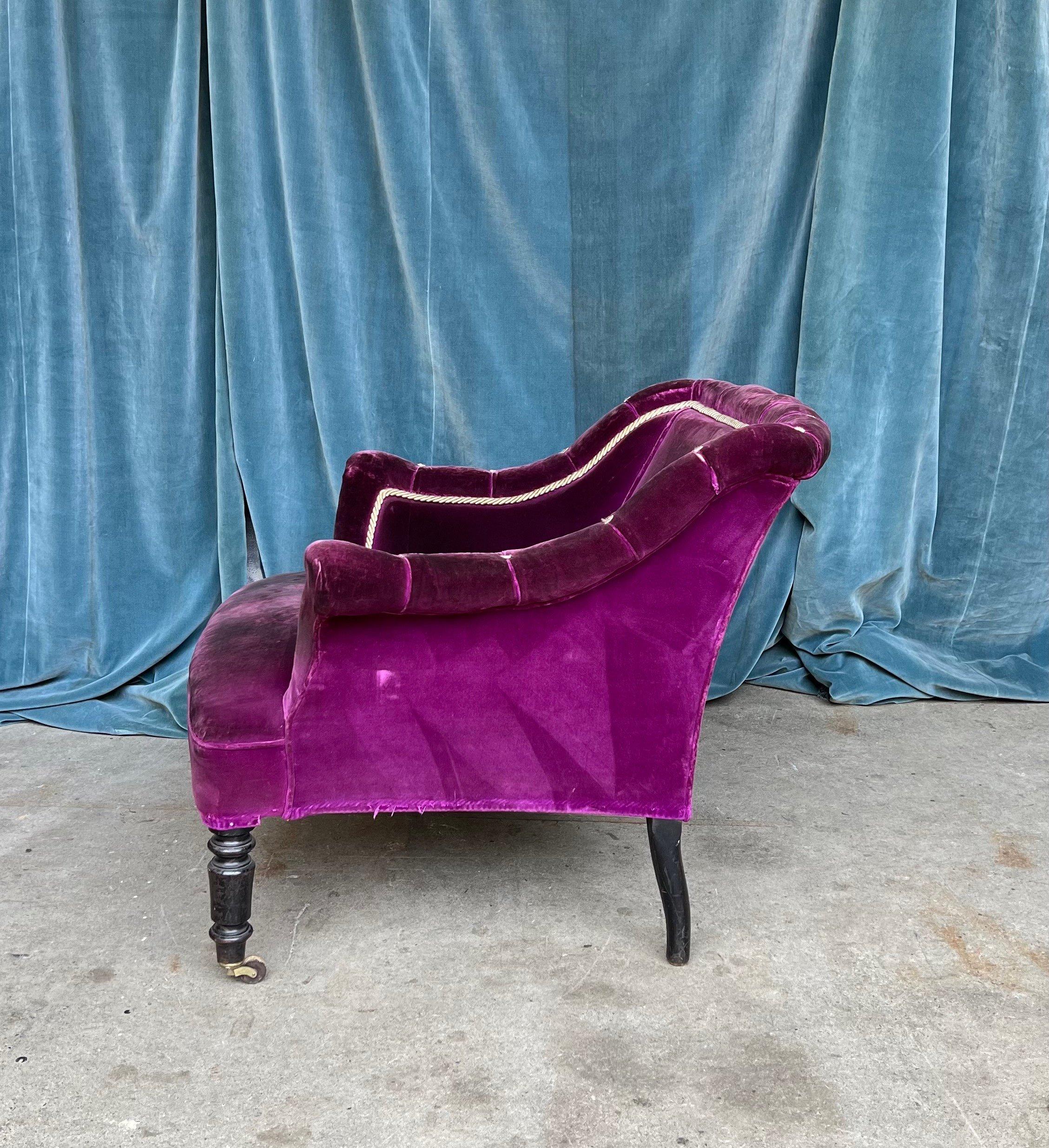 French 19th Century Armchair in Distressed Purple Velvet with White Braided Trim For Sale 1