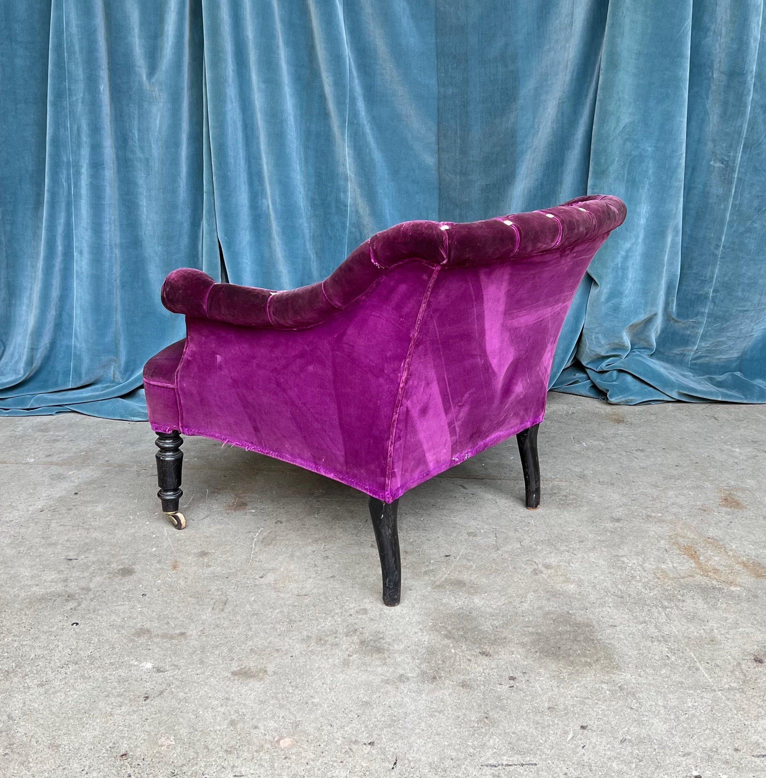 French 19th Century Armchair in Distressed Purple Velvet with White Braided Trim For Sale 2