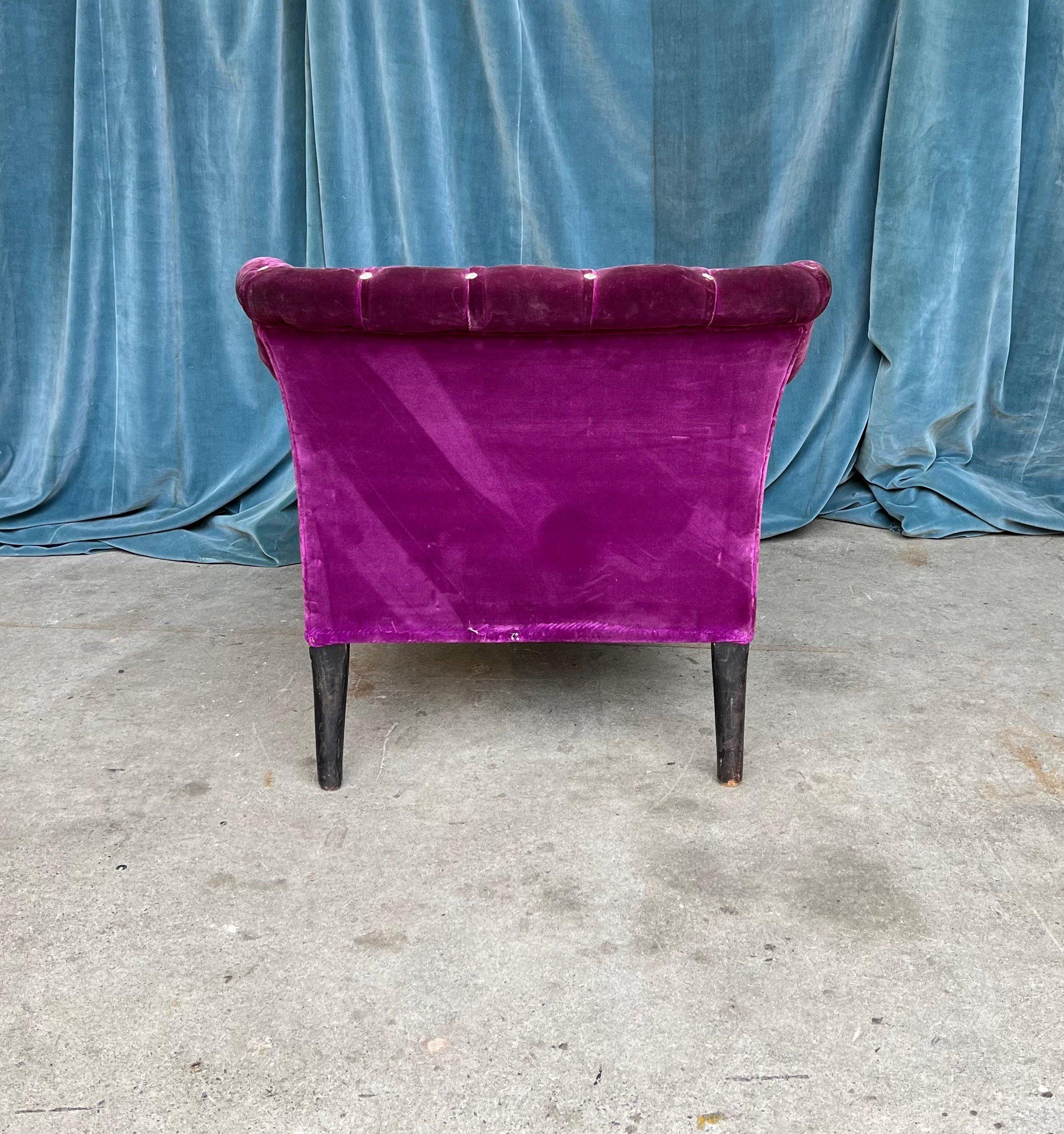 French 19th Century Armchair in Distressed Purple Velvet with White Braided Trim For Sale 3