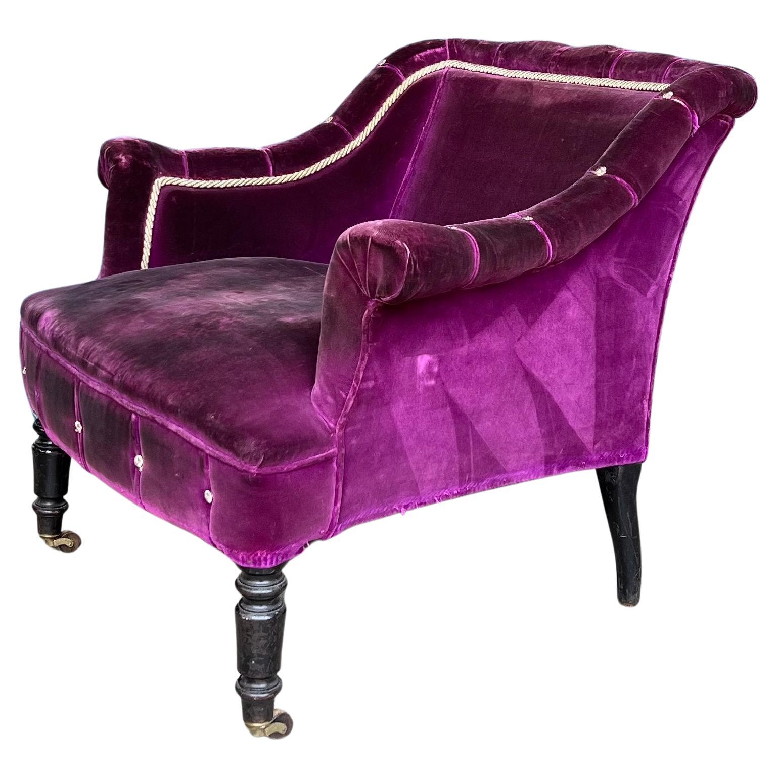 French 19th Century Armchair in Distressed Purple Velvet with White Braided Trim