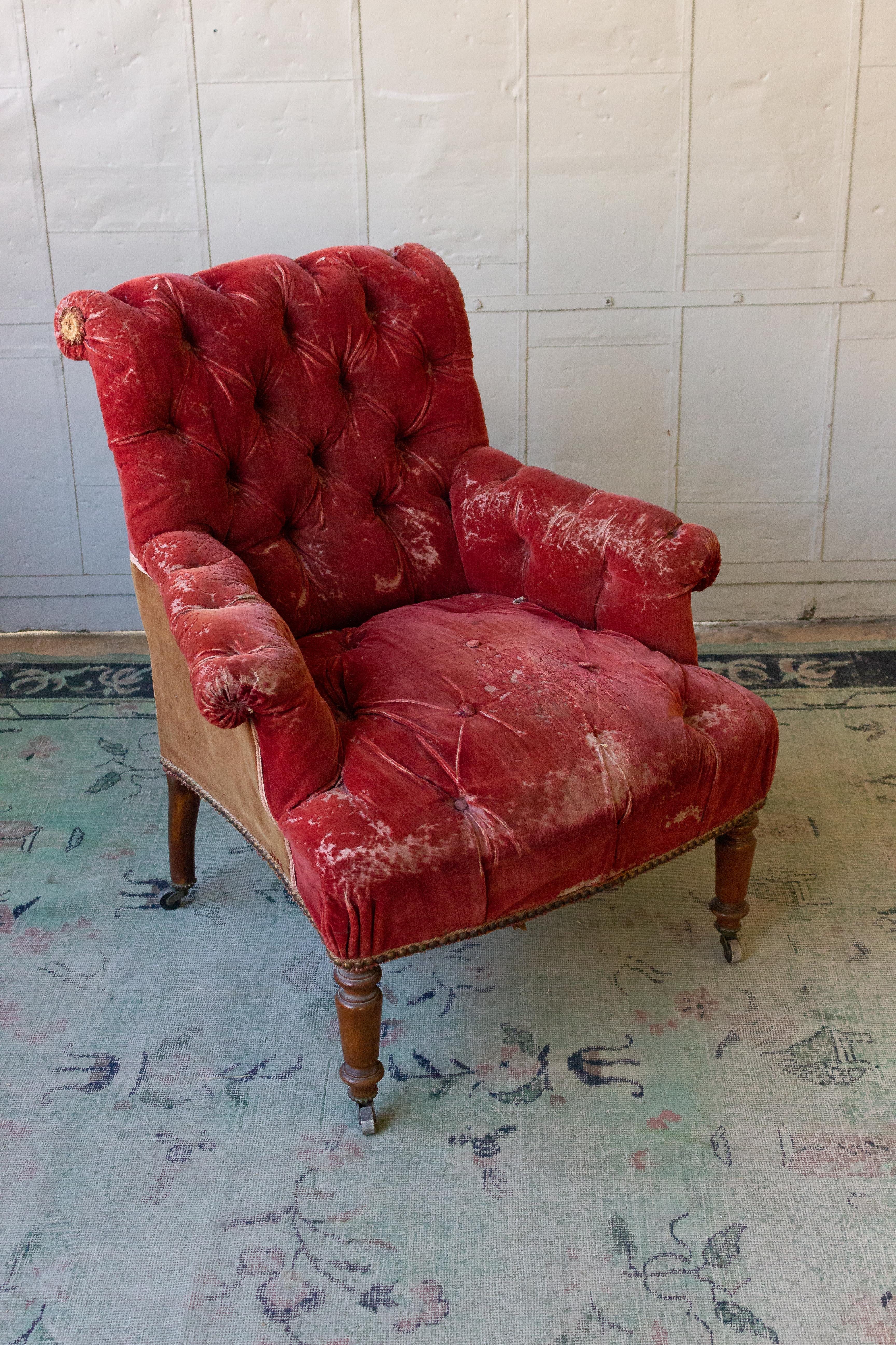 French 19th Century Armchair in Distressed Red Velvet 4