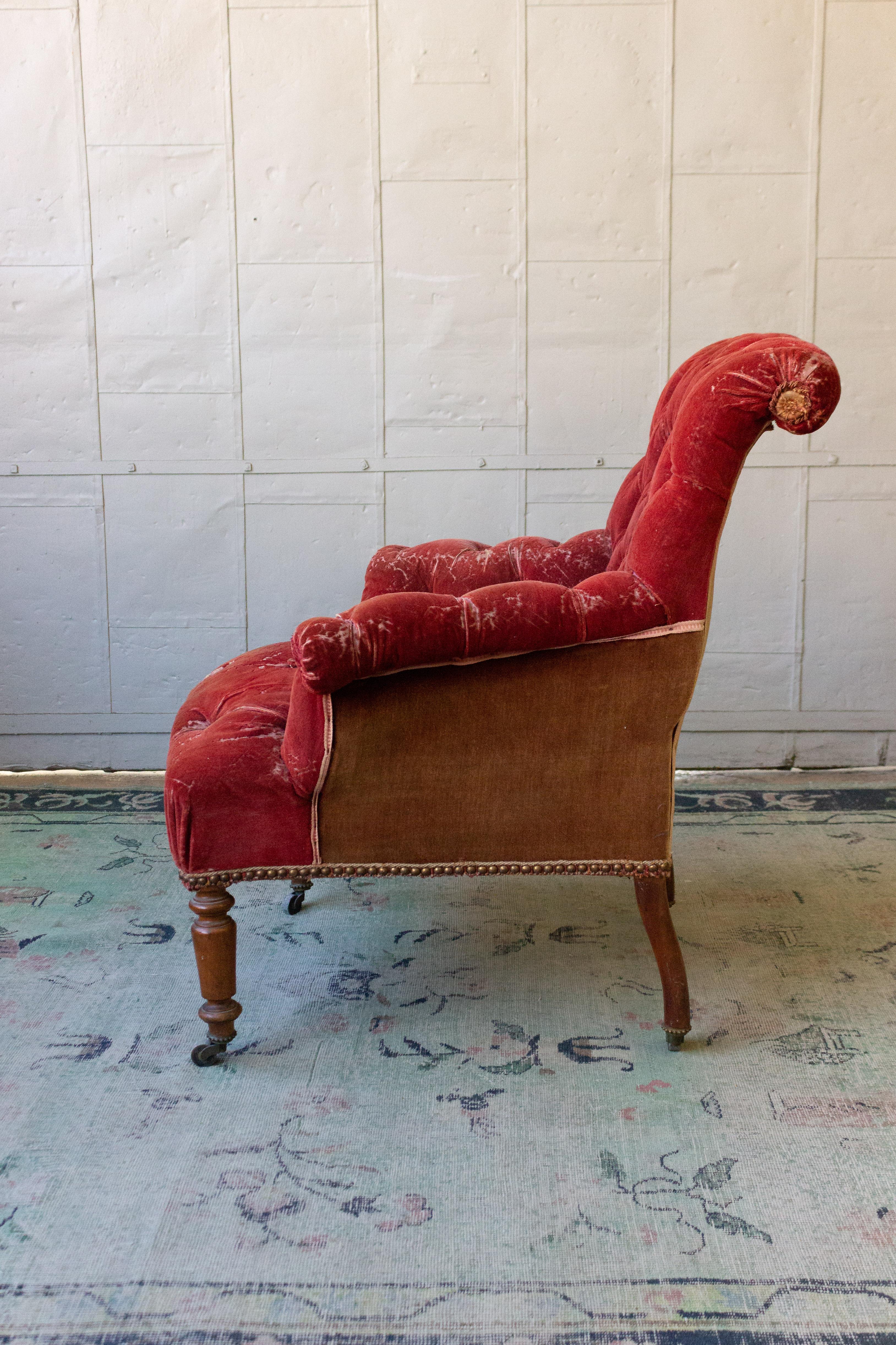 French 19th Century Armchair in Distressed Red Velvet In Good Condition In Buchanan, NY