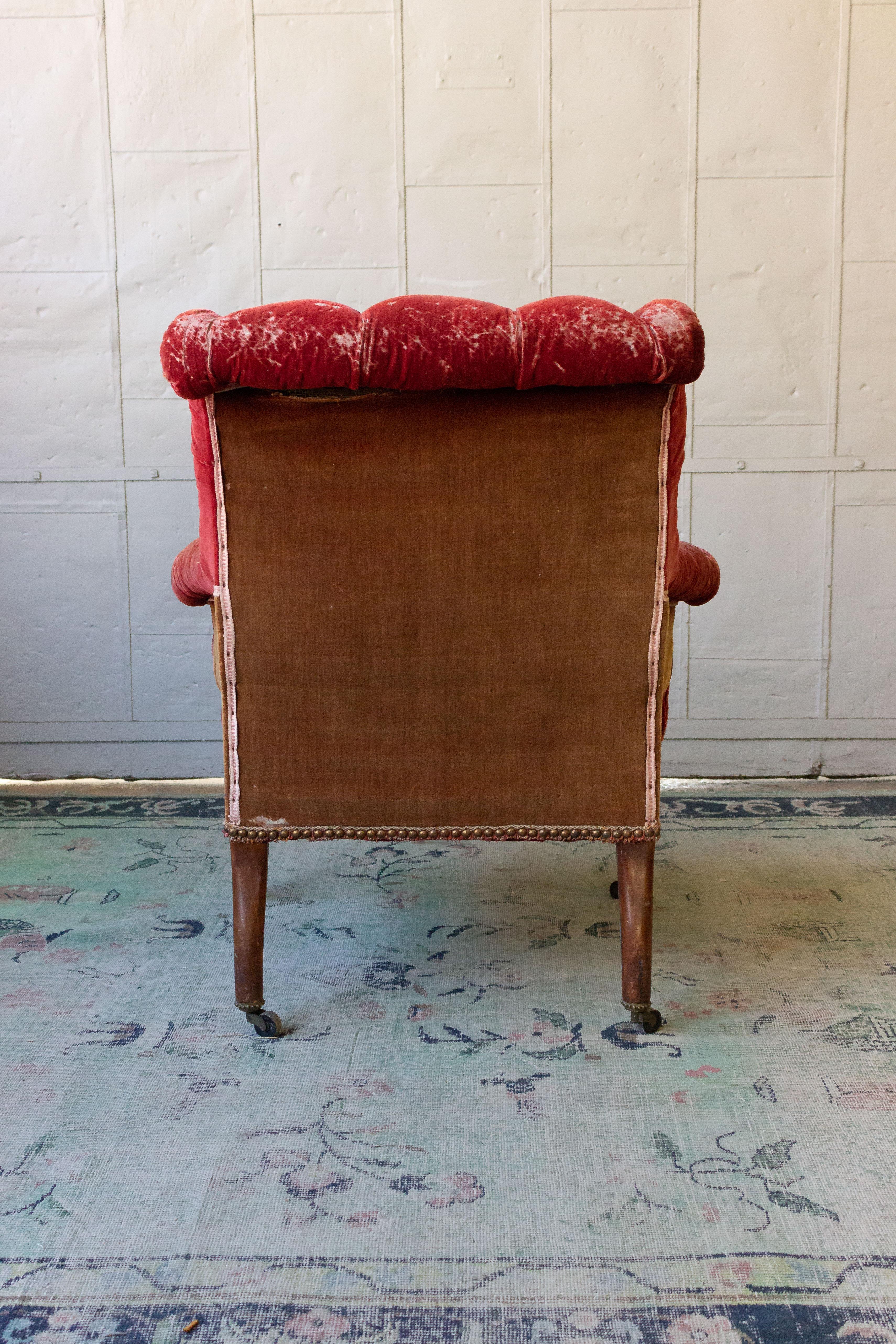 French 19th Century Armchair in Distressed Red Velvet 1