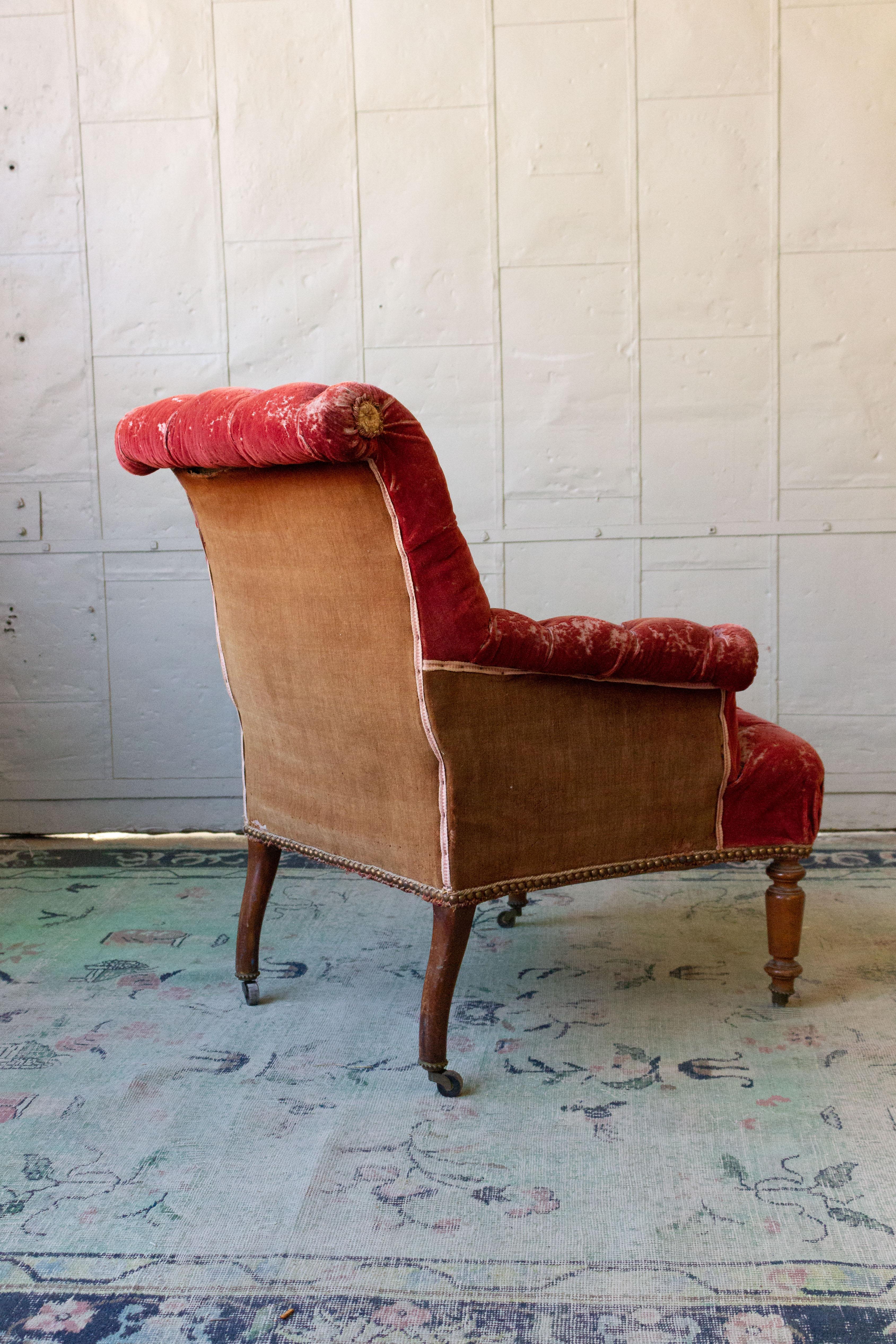 French 19th Century Armchair in Distressed Red Velvet 2