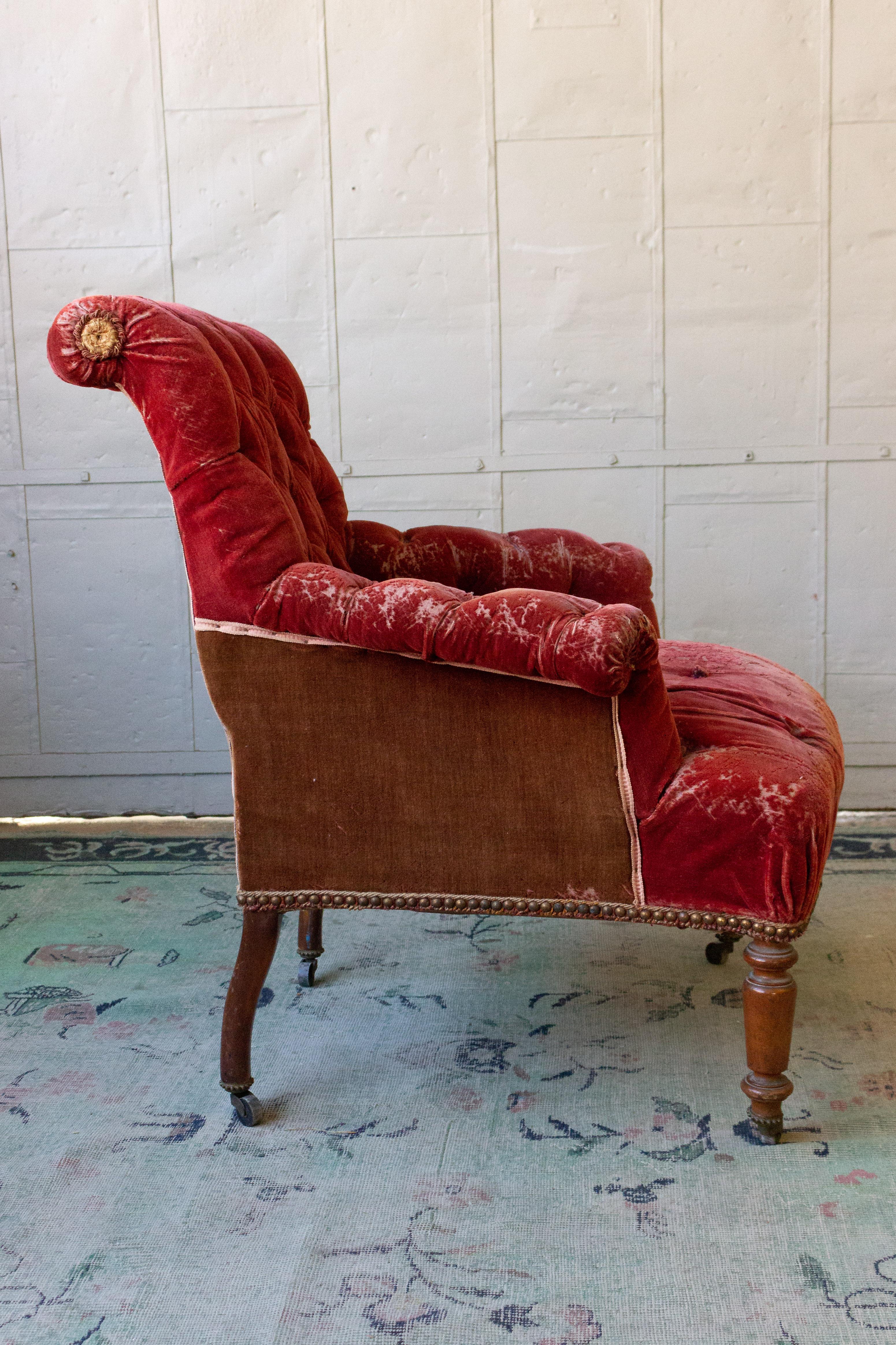 French 19th Century Armchair in Distressed Red Velvet 3