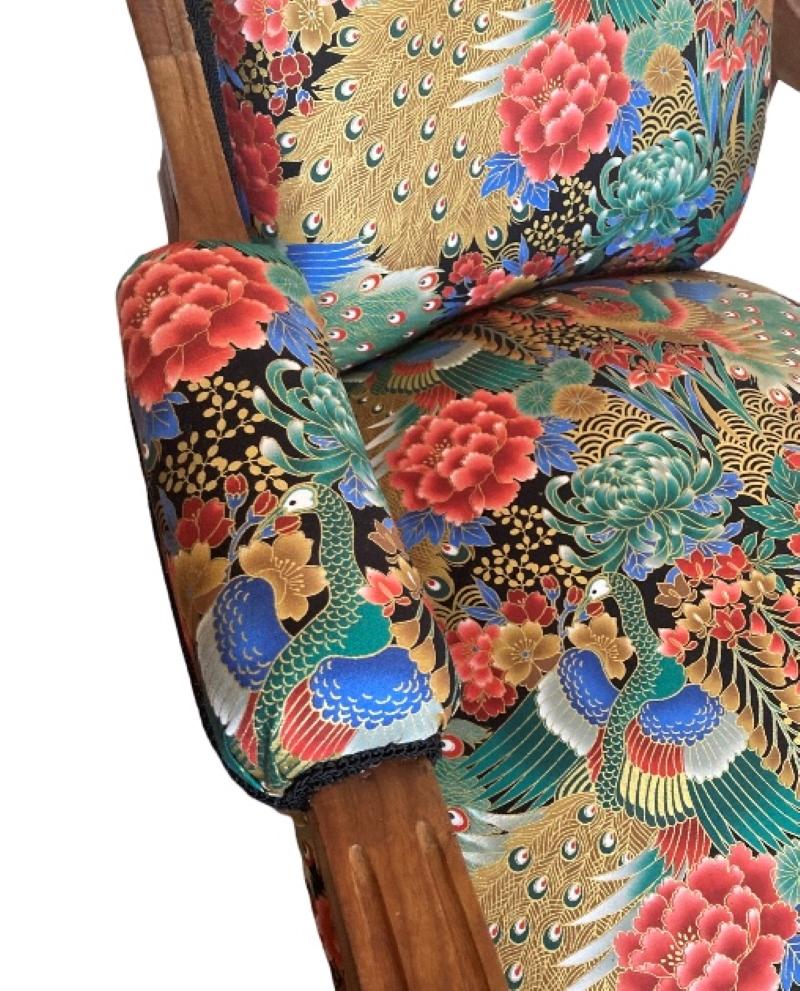 Oak French 19th Century Armchair om Casters with Birds of Paradise upholstery For Sale