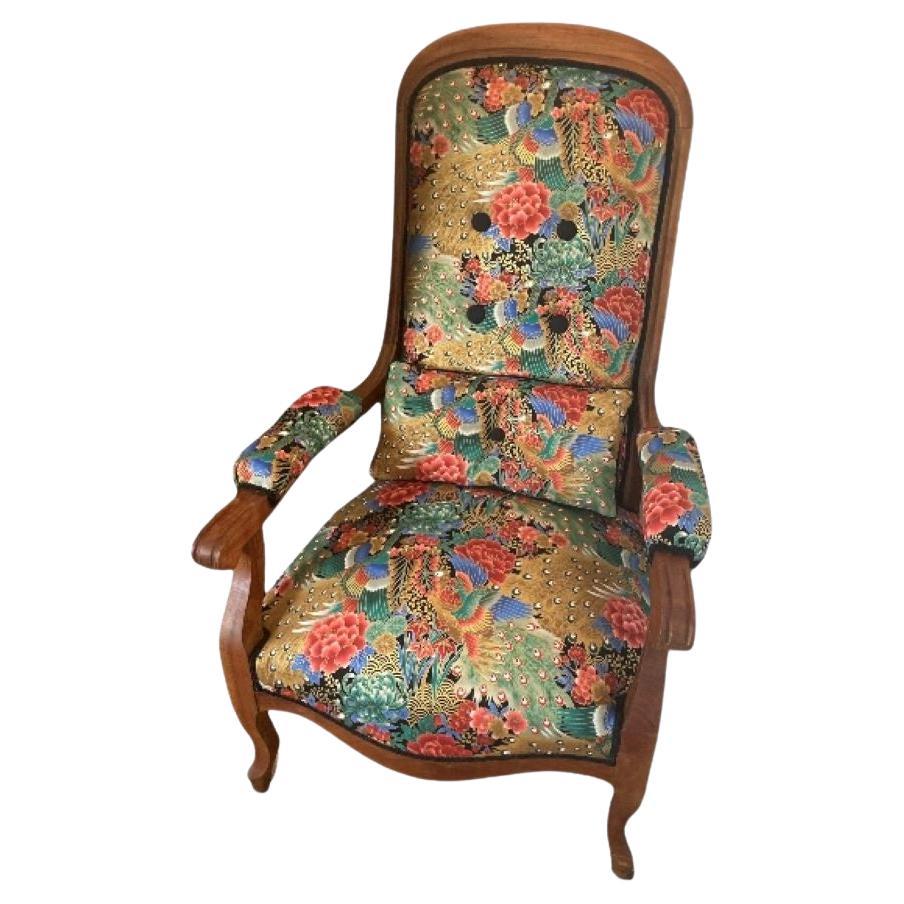 French 19th Century Armchair om Casters with Birds of Paradise upholstery For Sale