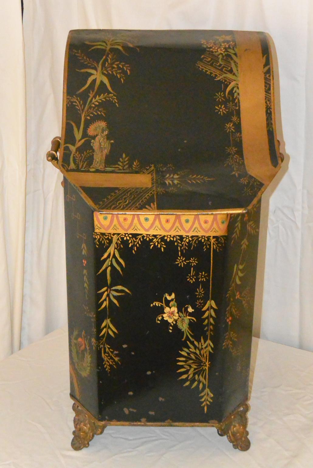 

 French Art Nouveau Period  chinoiserie decorated tole coal bin and liner with cast side handles and feet. The hinged lid opens to reveal the removable tin liner with swing handle. This handsome coal bin can also be used to store kindling,