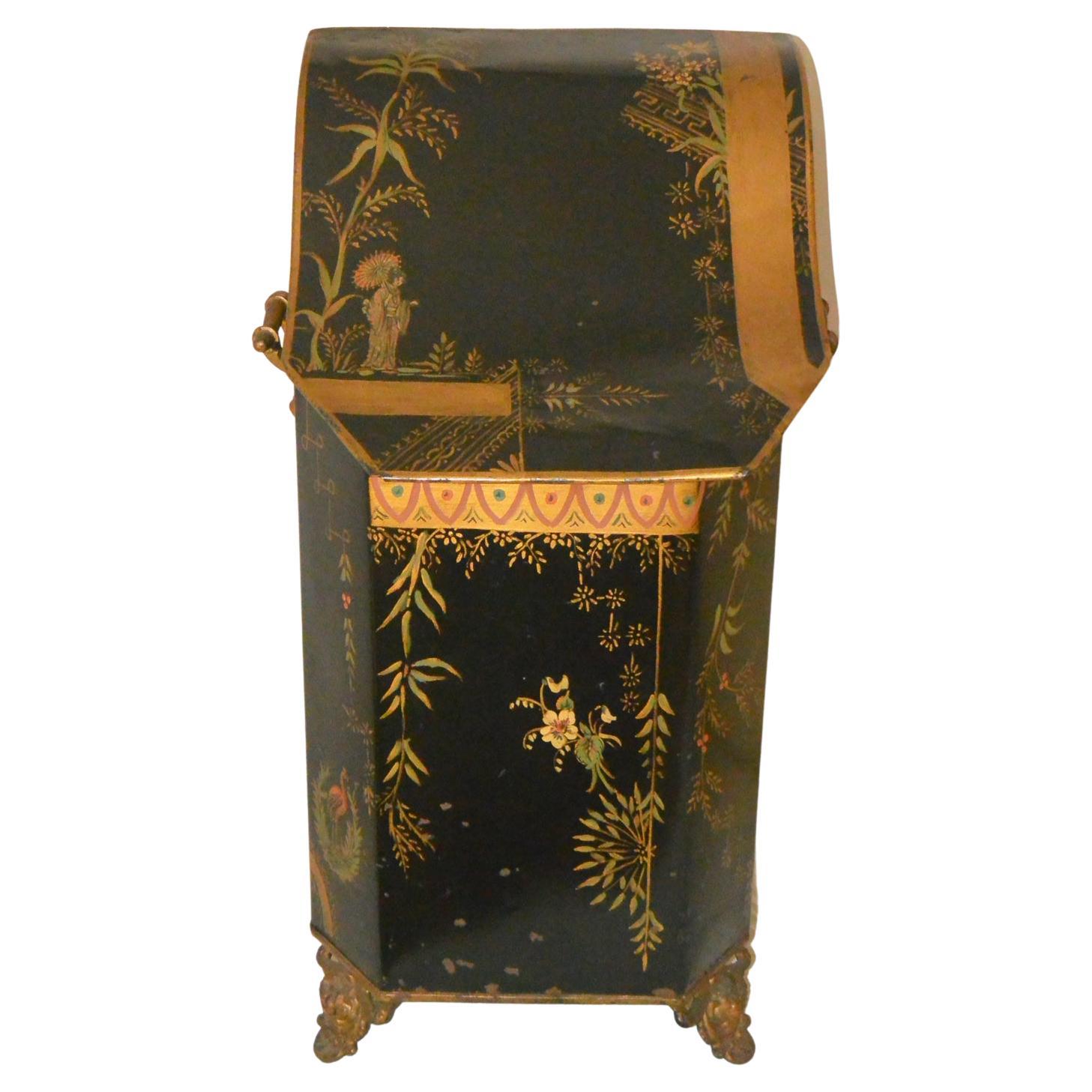 French 19th Century Art Nouveau Chinoiserie Decorated Tole Coal Hod and Liner