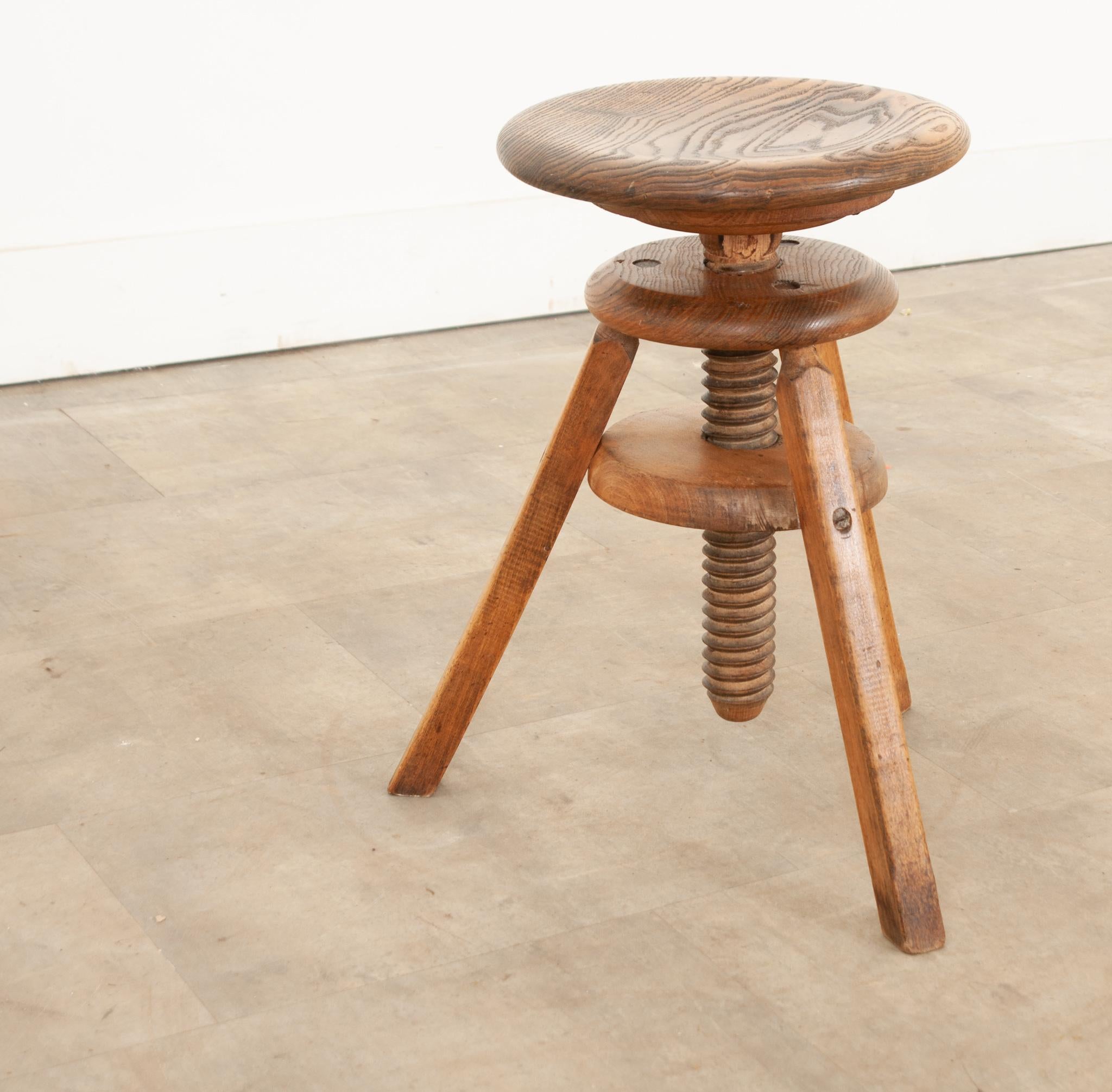 Hand-Carved French 19th Century Ash Adjustable Stool For Sale