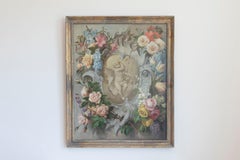 Cartone Aubusson francese del XIX secolo con decorazioni floreali che circondano un cherubino