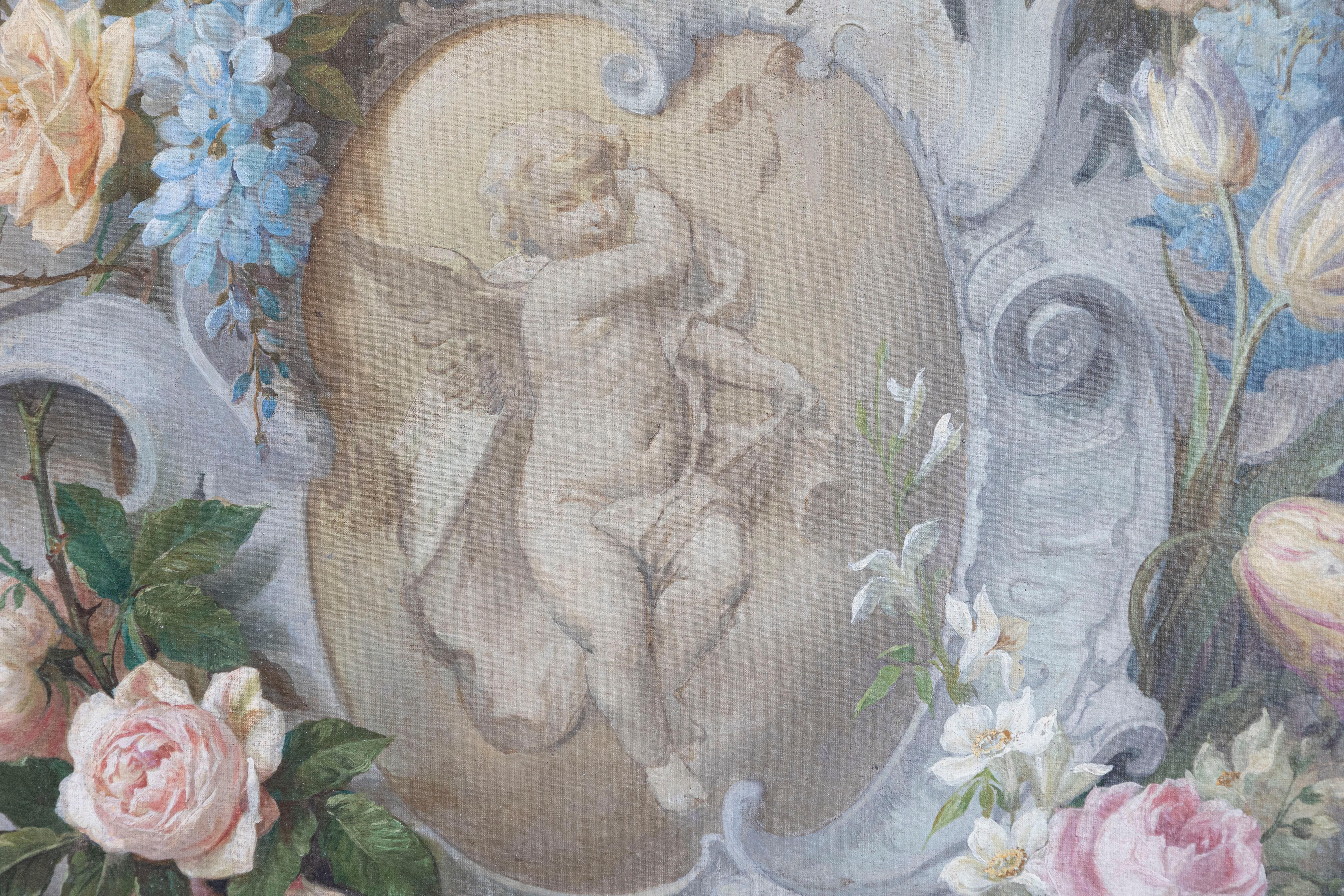 French 19th Century Aubusson Cartoon with Floral Decor Surrounding a Cherub In Good Condition For Sale In Atlanta, GA