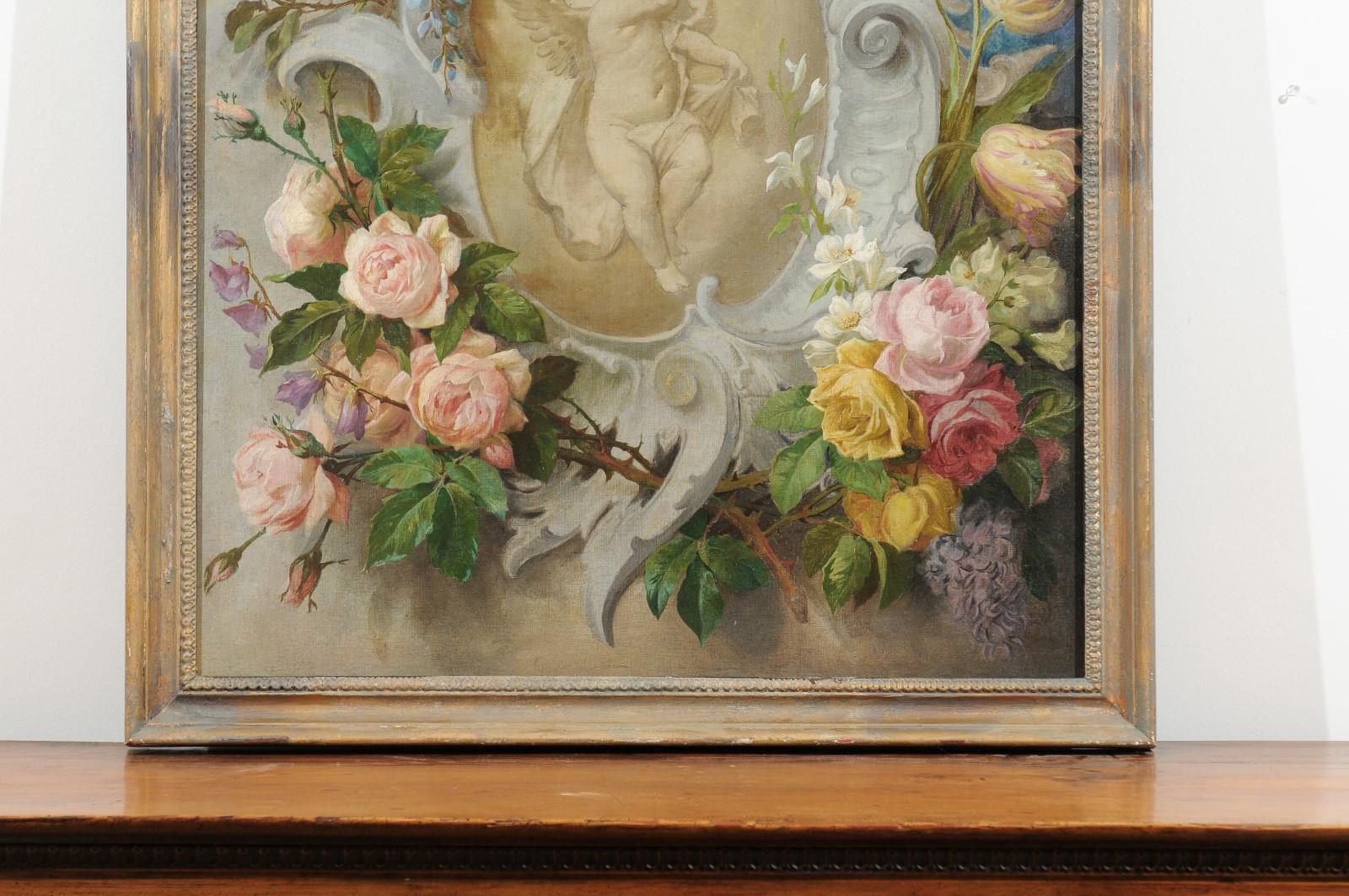 French 19th Century Aubusson Cartoon with Floral Decor Surrounding a Cherub In Good Condition For Sale In Atlanta, GA