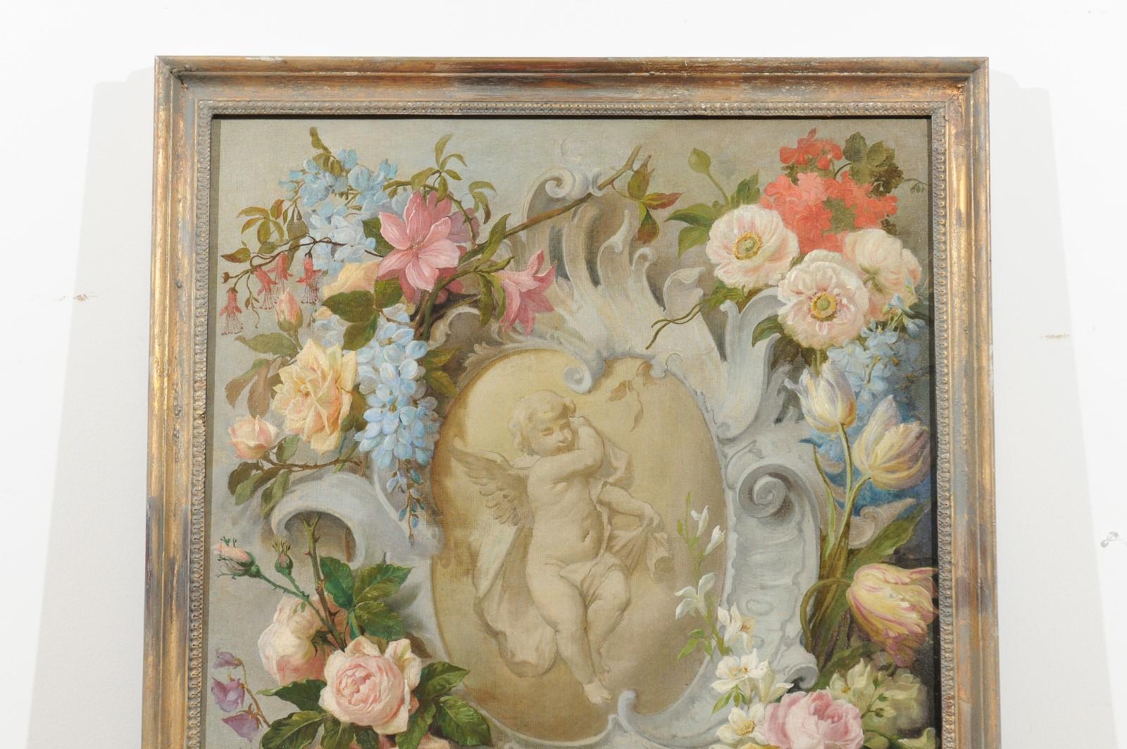 Canvas French 19th Century Aubusson Cartoon with Floral Decor Surrounding a Cherub For Sale
