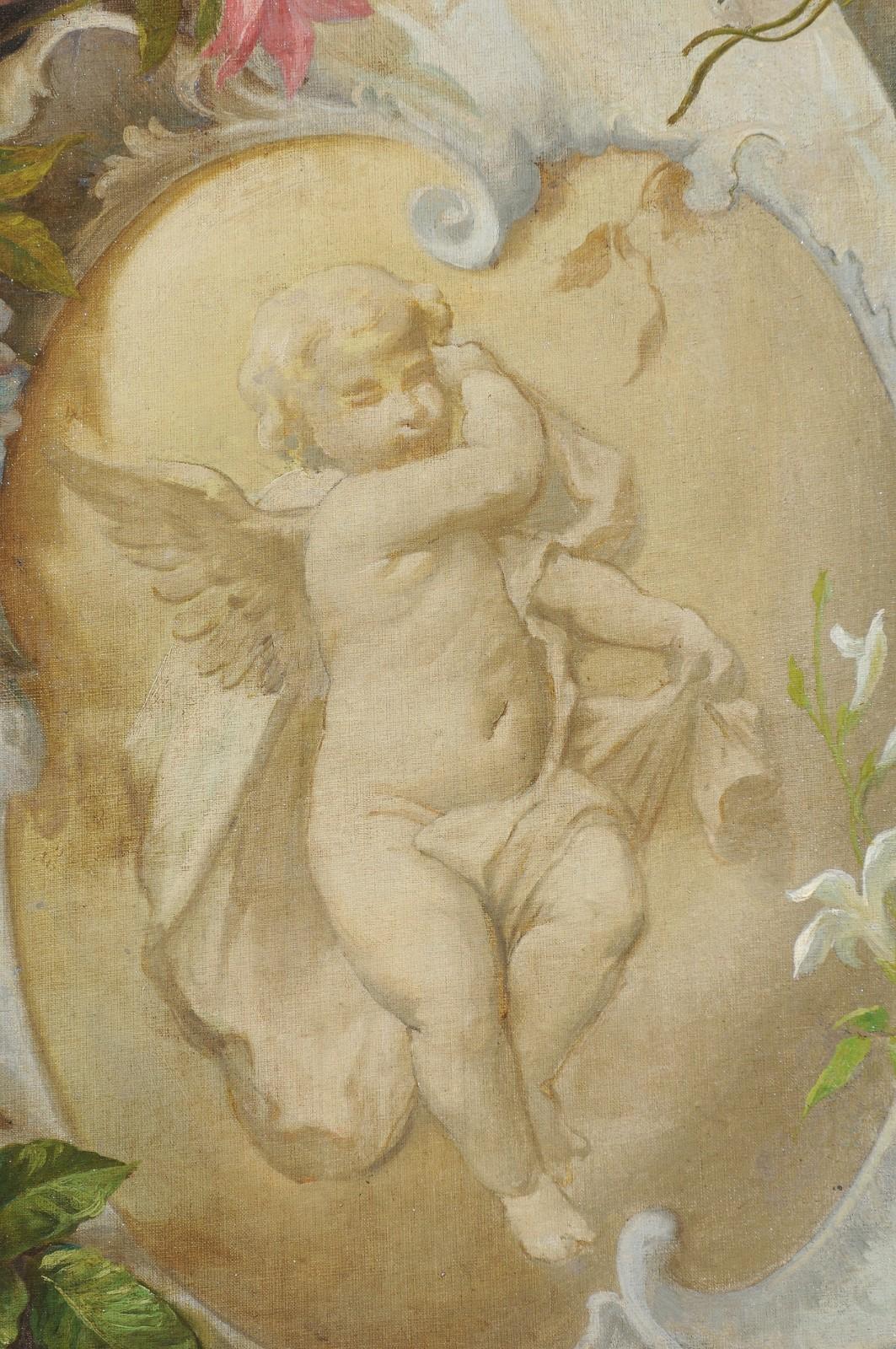 French 19th Century Aubusson Cartoon with Floral Decor Surrounding a Cherub For Sale 1