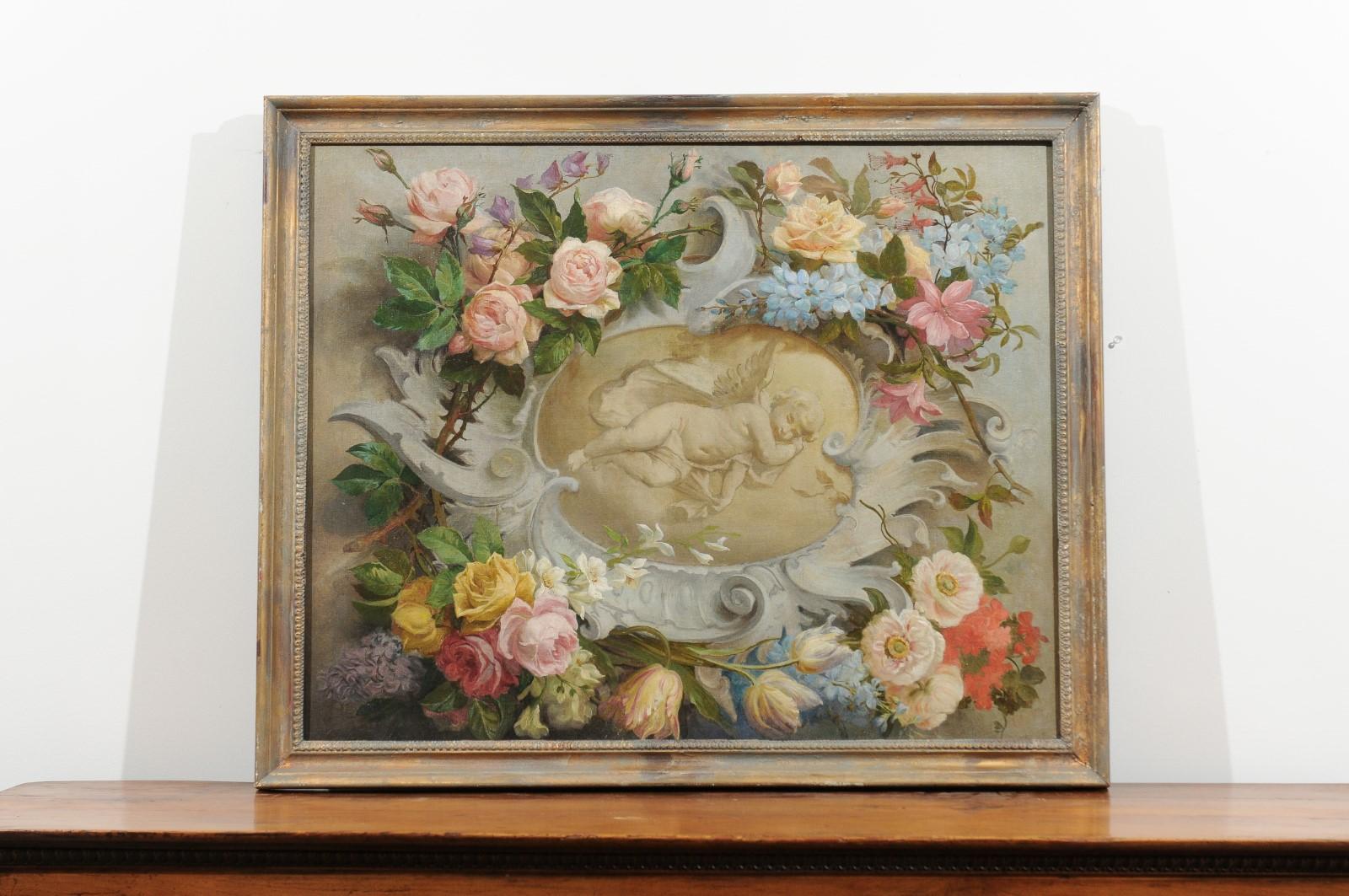 French 19th Century Aubusson Cartoon with Floral Decor Surrounding a Cherub For Sale 3