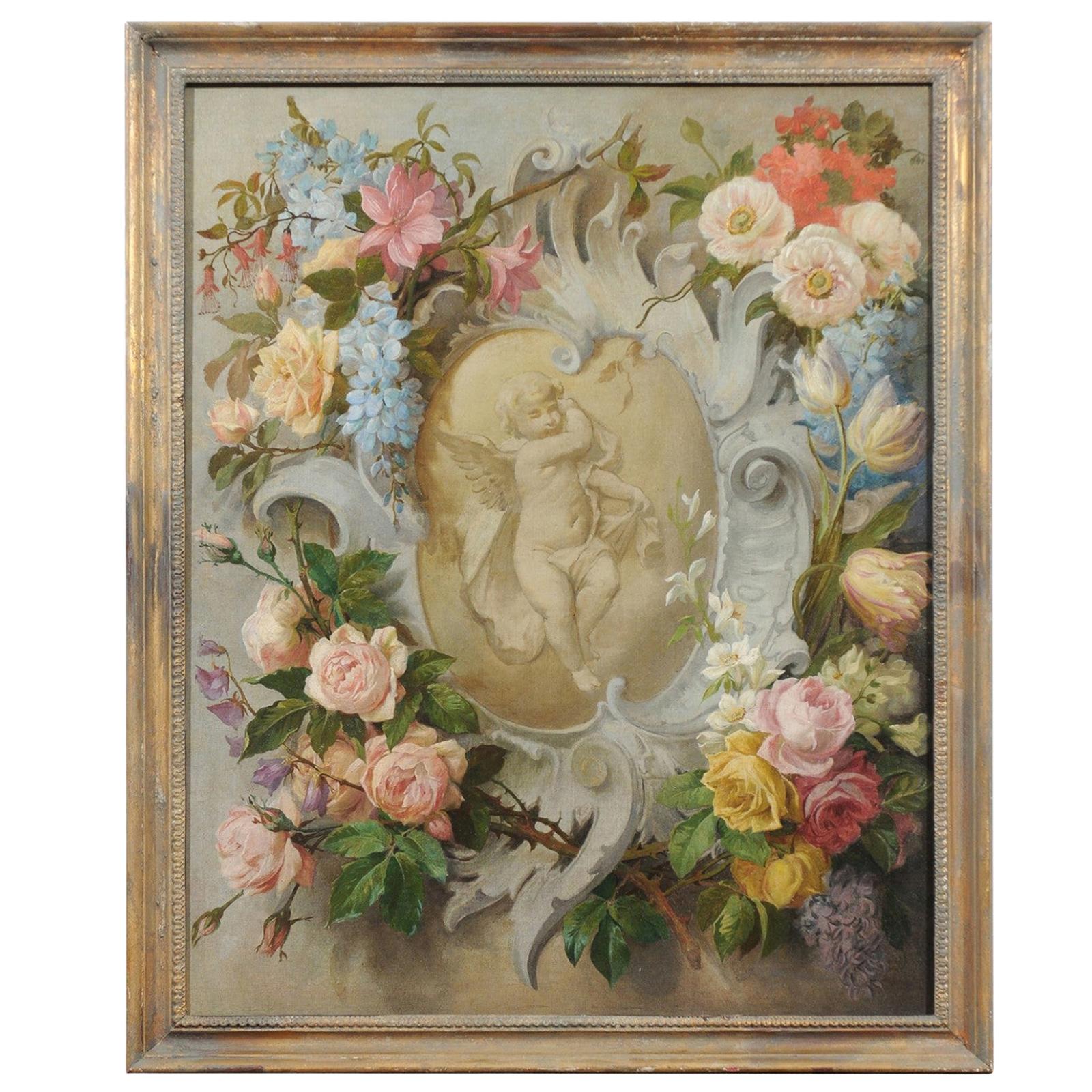 French 19th Century Aubusson Cartoon with Floral Decor Surrounding a Cherub For Sale