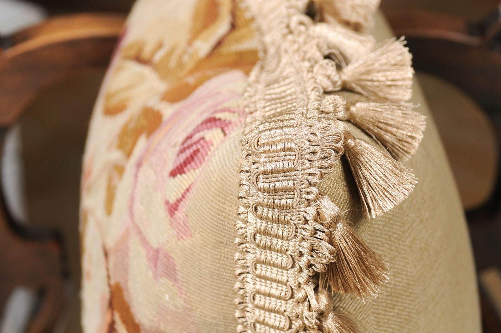 French 19th Century Aubusson Floral Tapestry Pillow with Petite Tassels For Sale 6