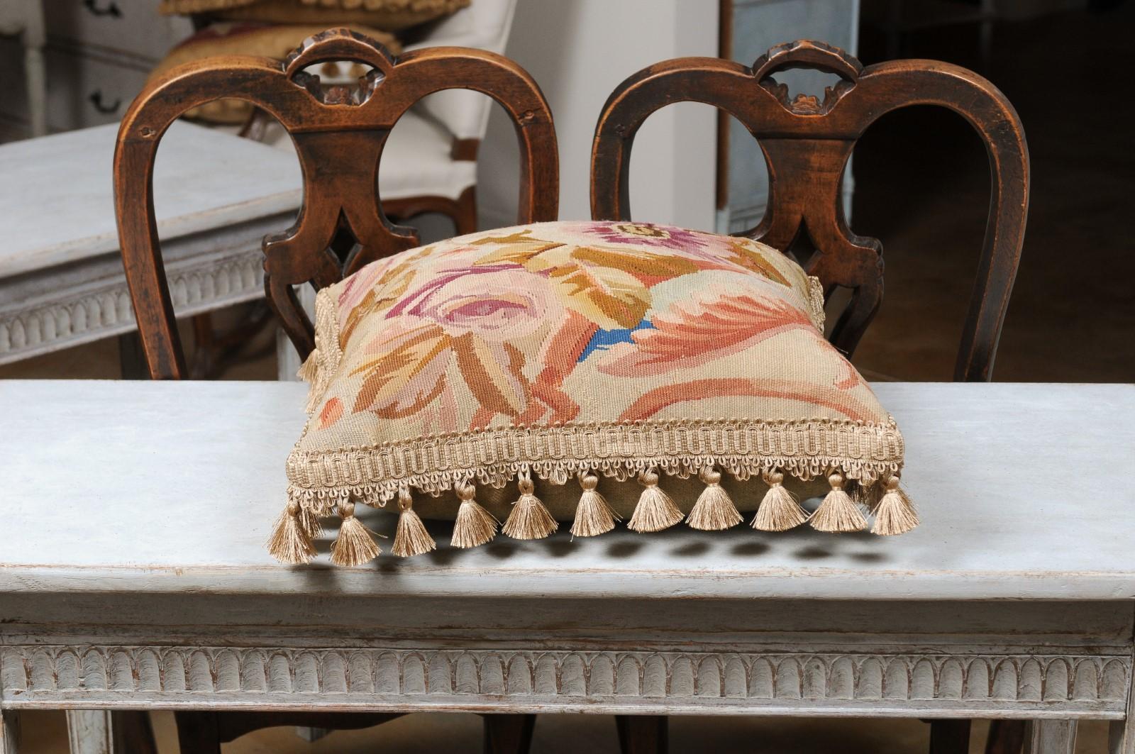French 19th Century Aubusson Floral Tapestry Pillow with Petite Tassels For Sale 8
