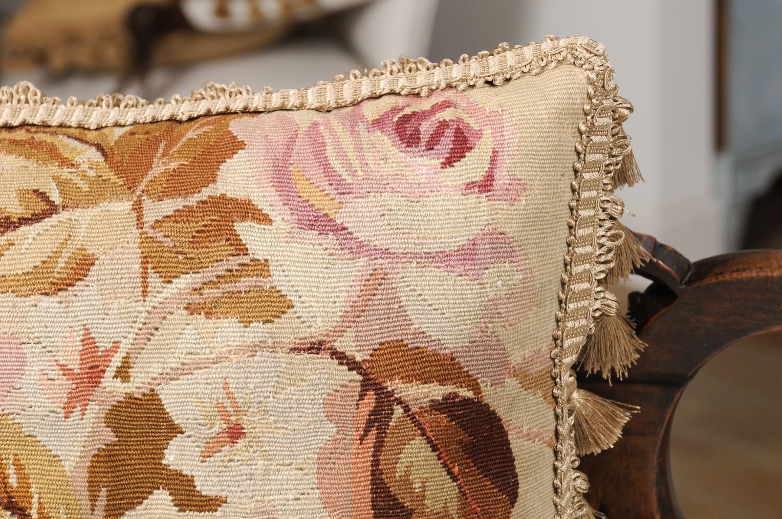 French 19th Century Aubusson Floral Tapestry Pillow with Petite Tassels For Sale 1