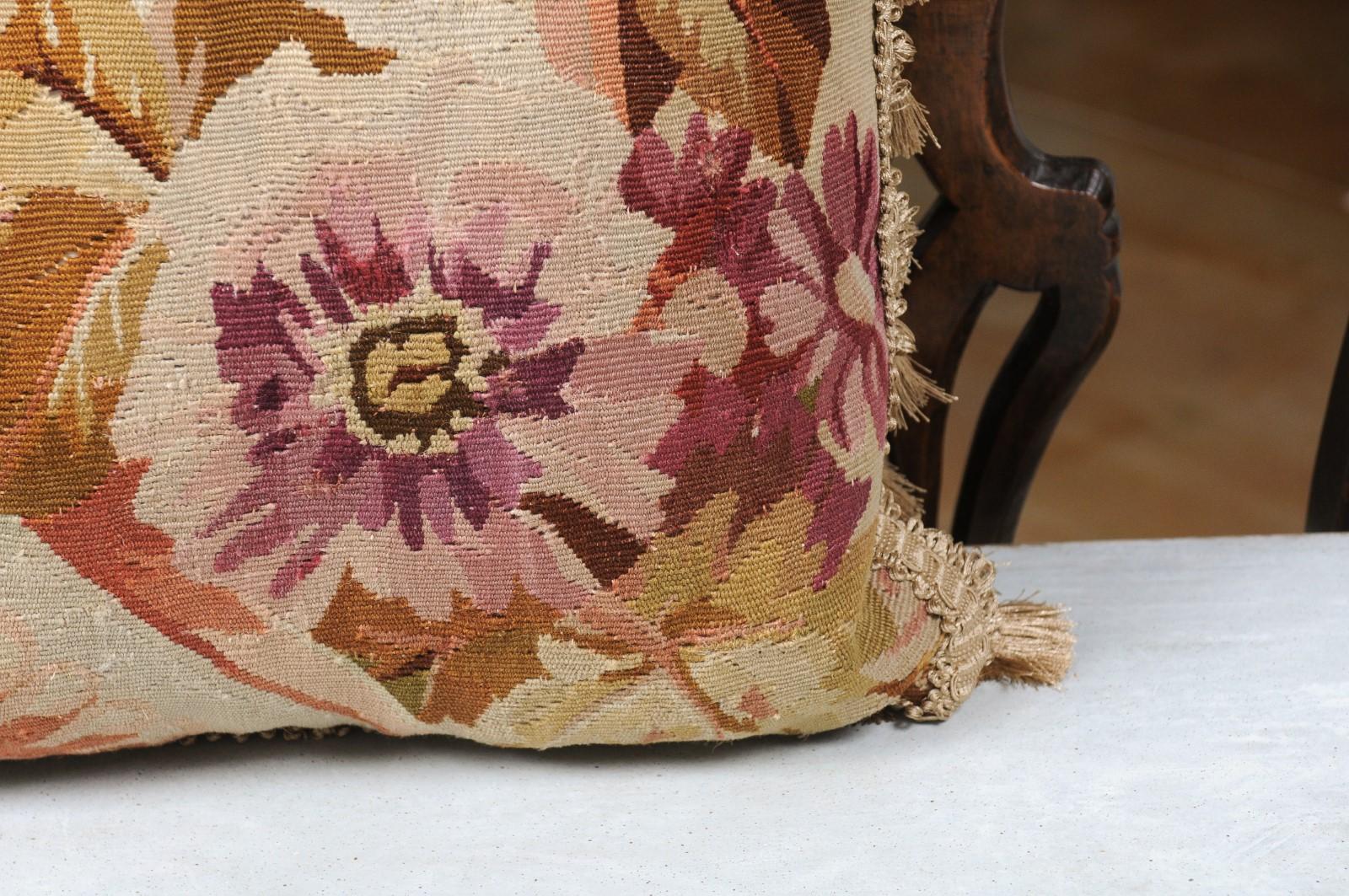 French 19th Century Aubusson Floral Tapestry Pillow with Petite Tassels For Sale 2