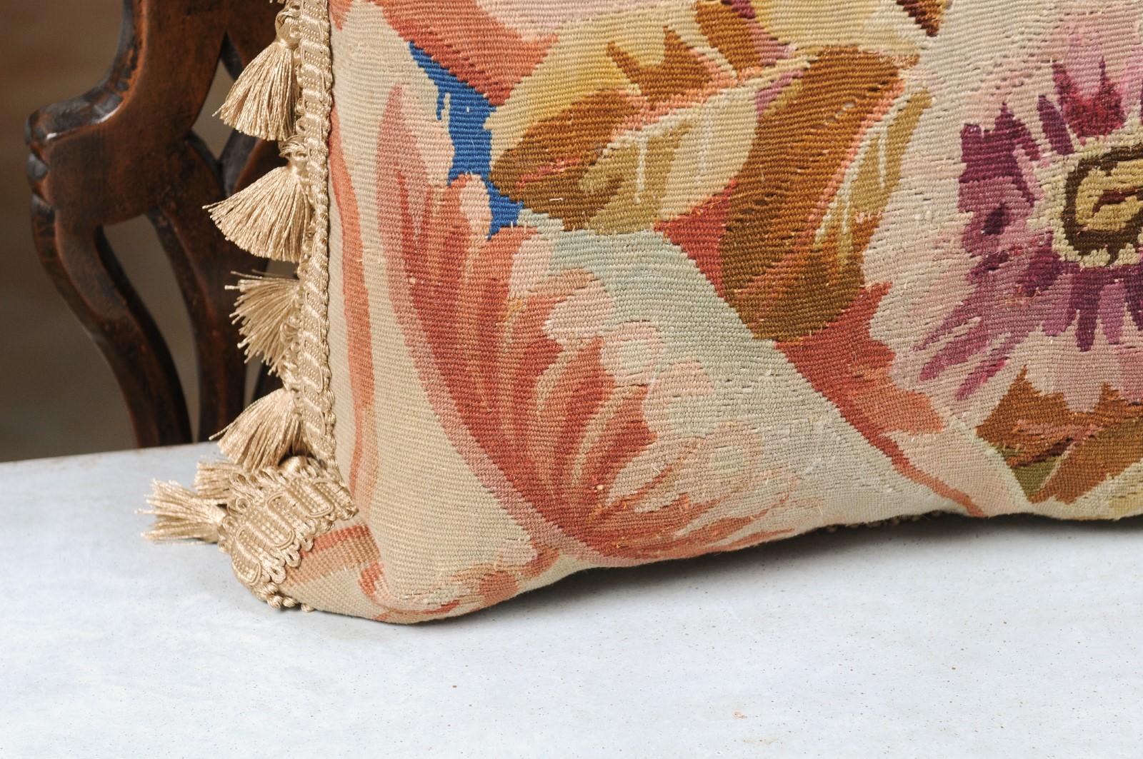 French 19th Century Aubusson Floral Tapestry Pillow with Petite Tassels For Sale 3