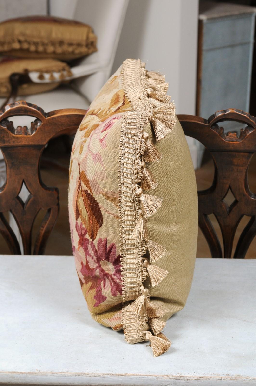 French 19th Century Aubusson Floral Tapestry Pillow with Petite Tassels For Sale 5
