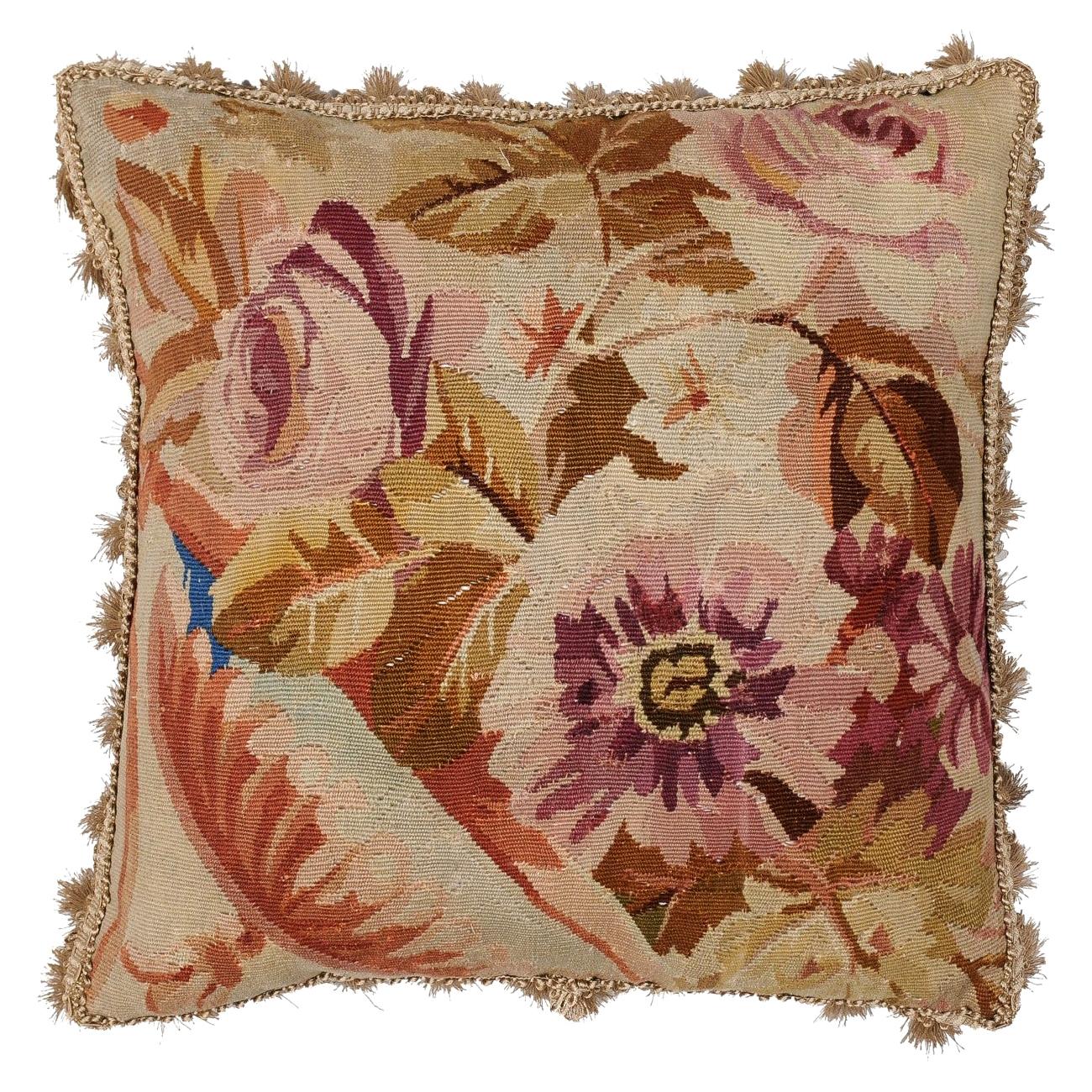 French 19th Century Aubusson Floral Tapestry Pillow with Petite Tassels For Sale