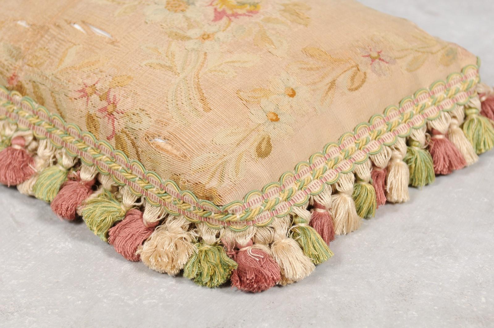 French 19th Century Aubusson Horizontal Floral Tapestry Pillow with Tassels 7