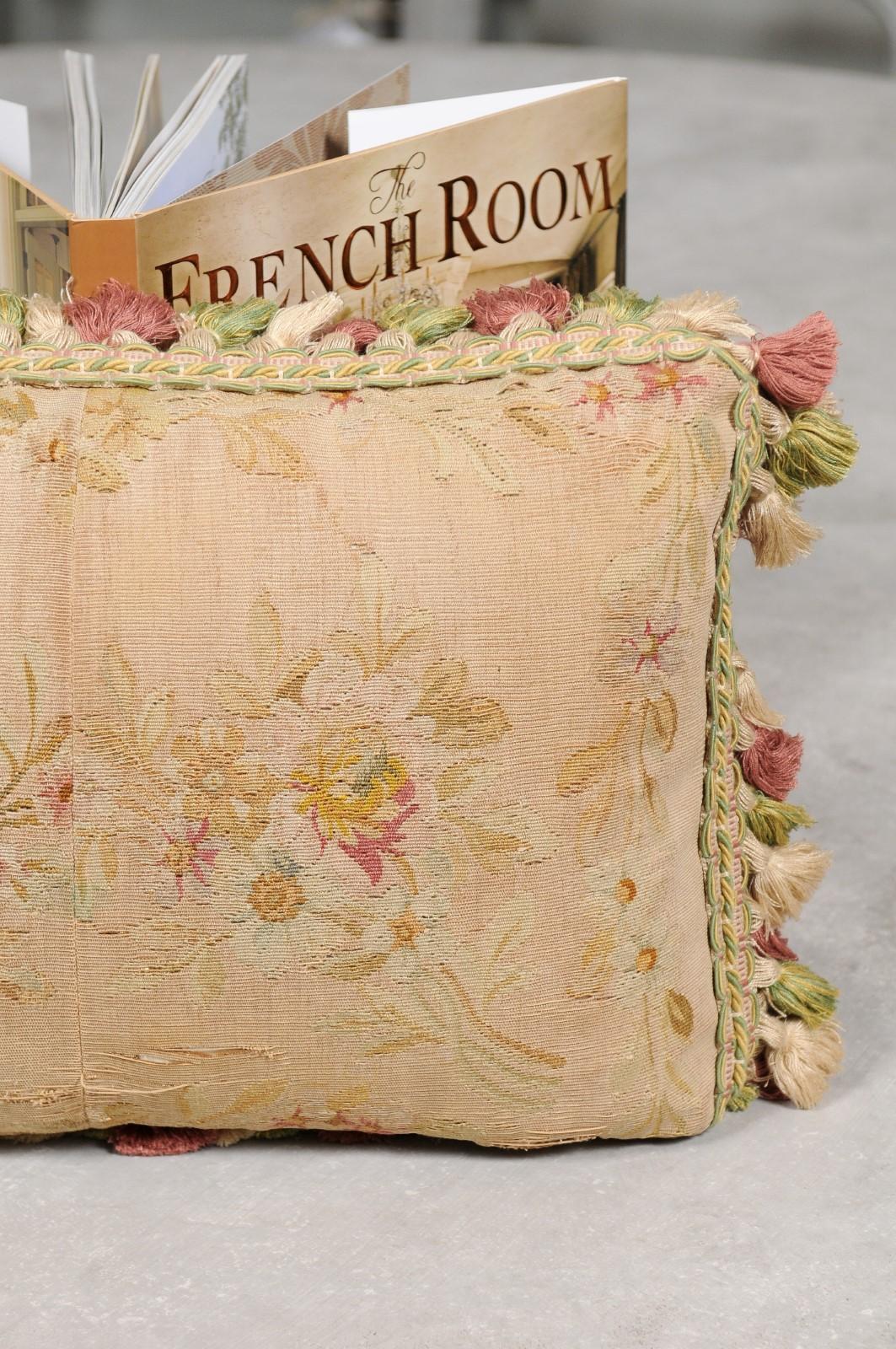 French 19th Century Aubusson Horizontal Floral Tapestry Pillow with Tassels In Good Condition In Atlanta, GA