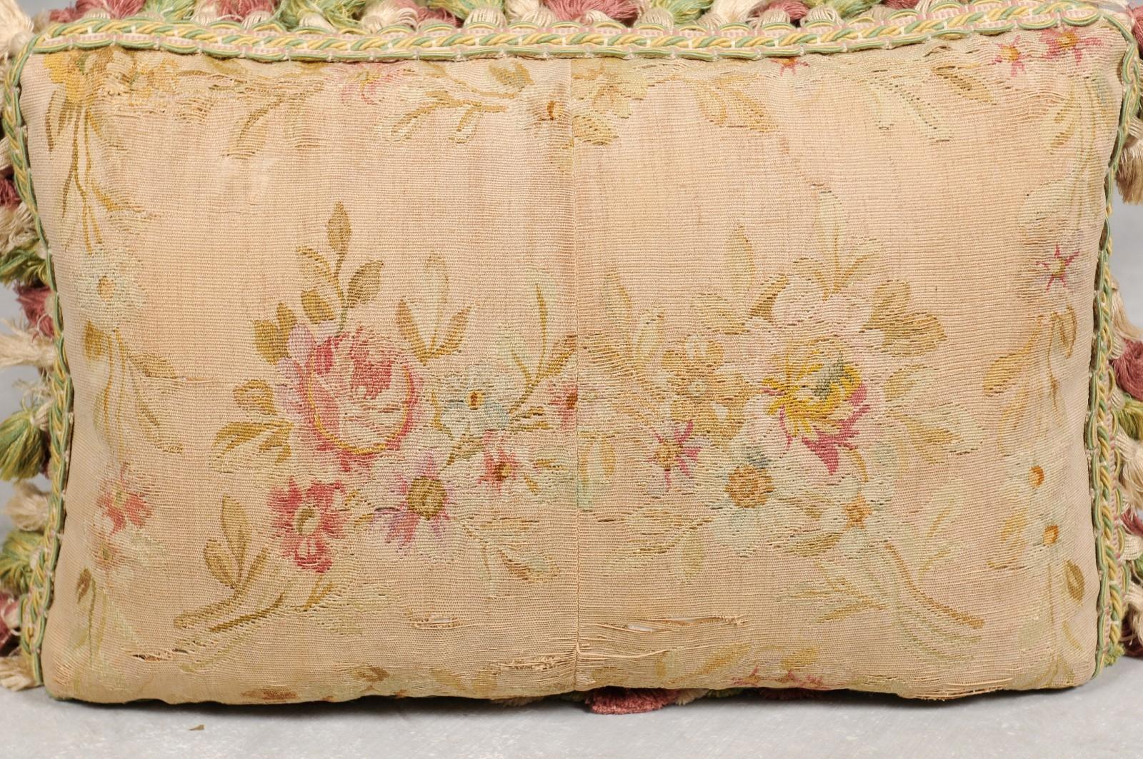 French 19th Century Aubusson Horizontal Floral Tapestry Pillow with Tassels 1