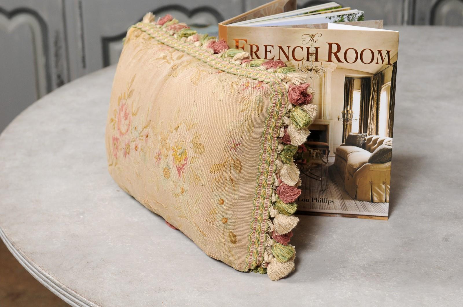 French 19th Century Aubusson Horizontal Floral Tapestry Pillow with Tassels 3