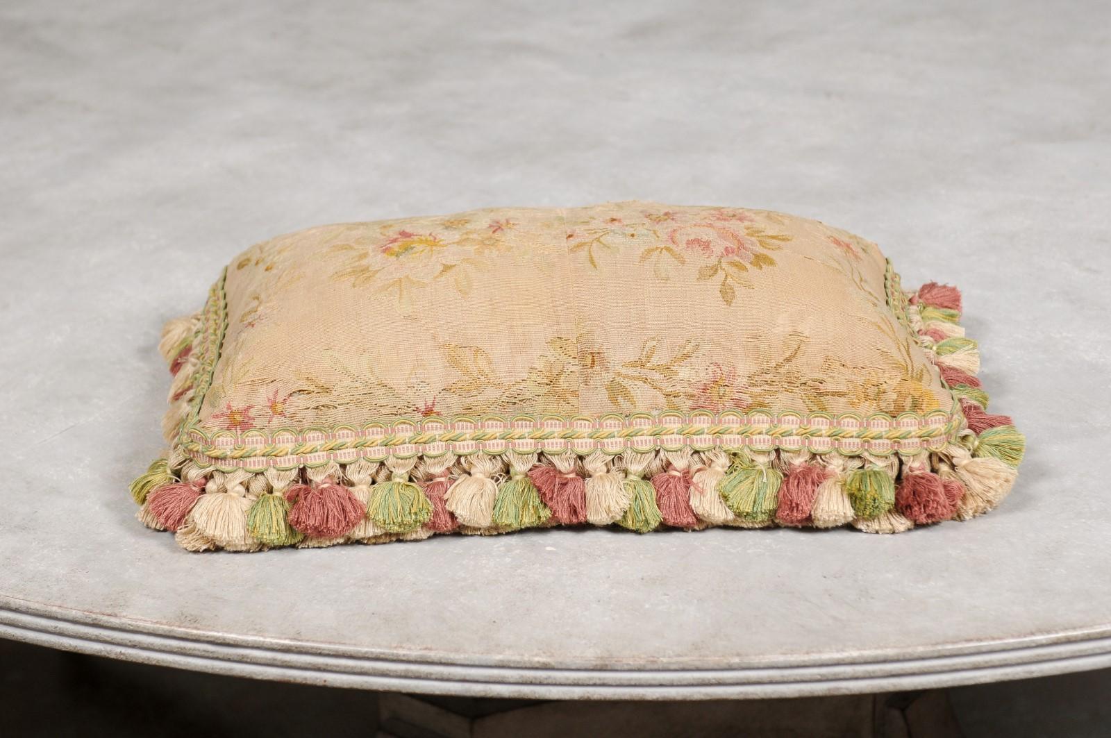 French 19th Century Aubusson Horizontal Floral Tapestry Pillow with Tassels 5