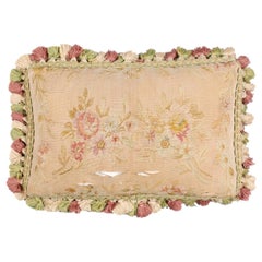 French 19th Century Aubusson Horizontal Floral Tapestry Pillow with Tassels