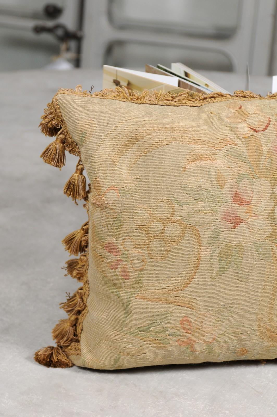 Woven French 19th Century Aubusson Tapestry Pillow with Bouquet of Flowers and Tassels