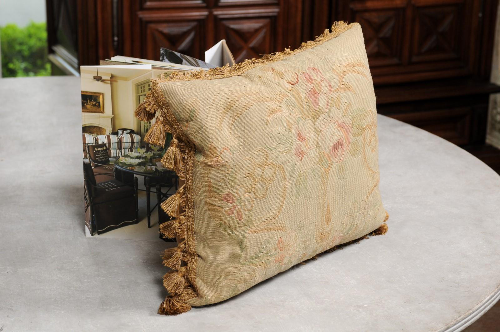 French 19th Century Aubusson Tapestry Pillow with Bouquet of Flowers and Tassels 2