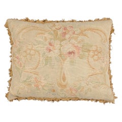 Antique French 19th Century Aubusson Tapestry Pillow with Bouquet of Flowers and Tassels