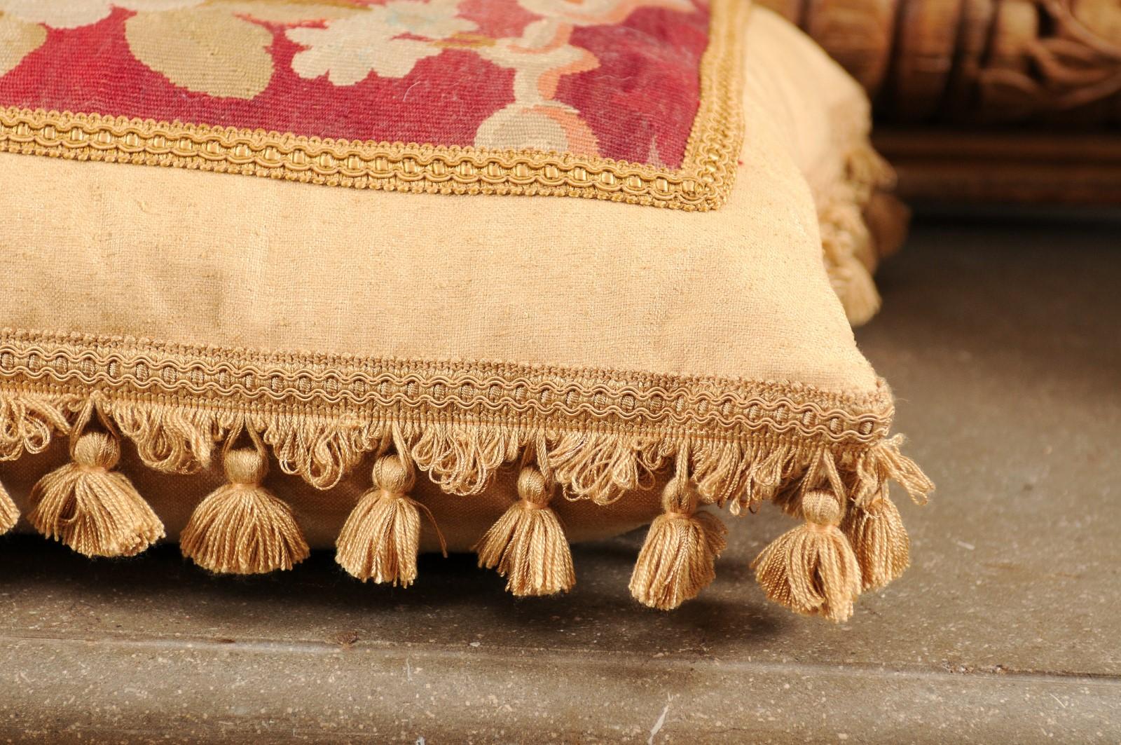 French 19th Century Aubusson Tapestry Pillow with Floral Decor and Tassels For Sale 6