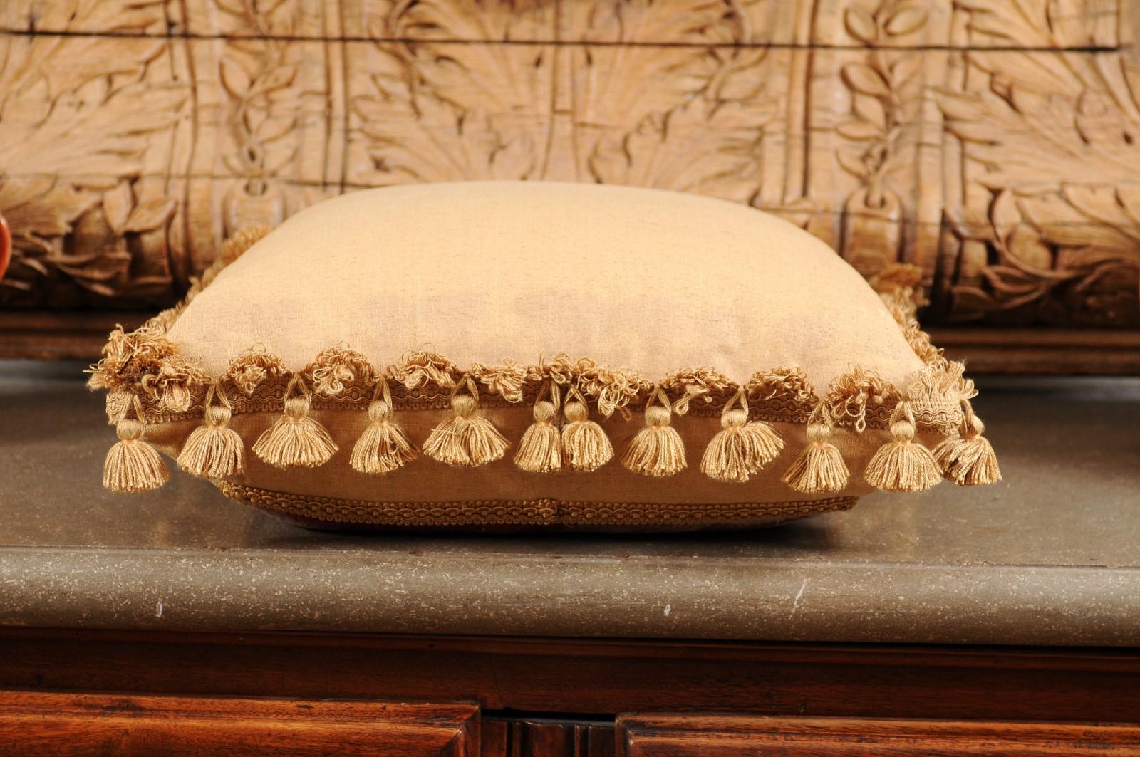 French 19th Century Aubusson Tapestry Pillow with Floral Decor and Tassels For Sale 8