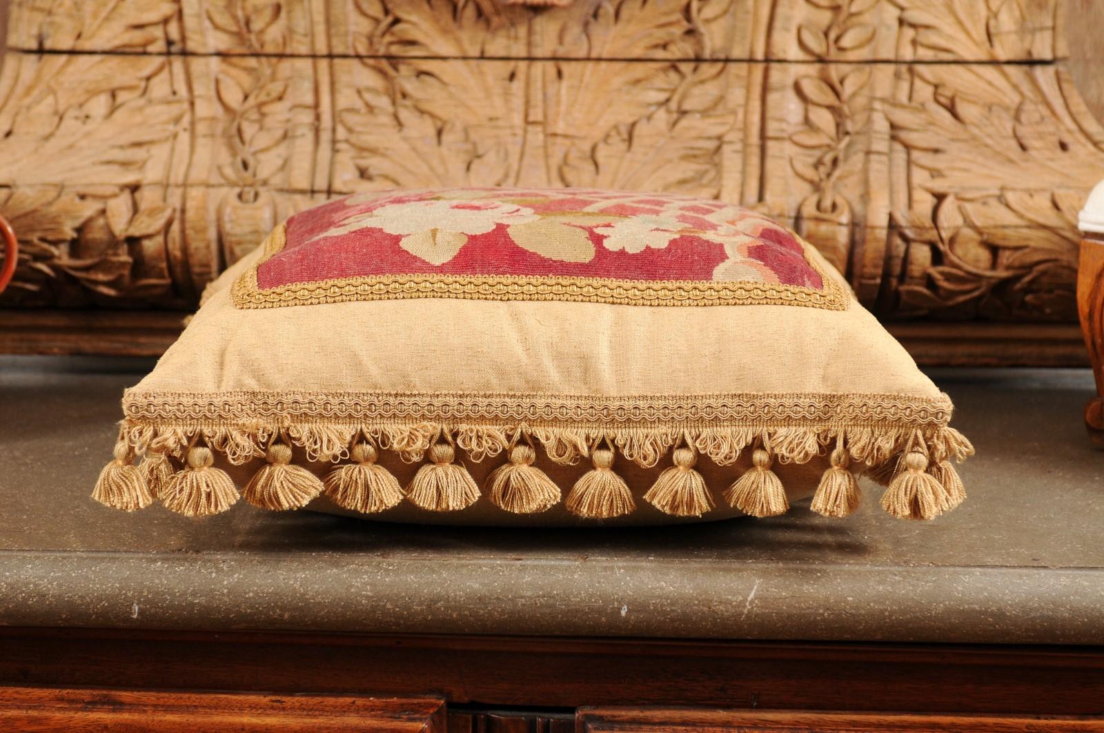 French 19th Century Aubusson Tapestry Pillow with Floral Decor and Tassels For Sale 9