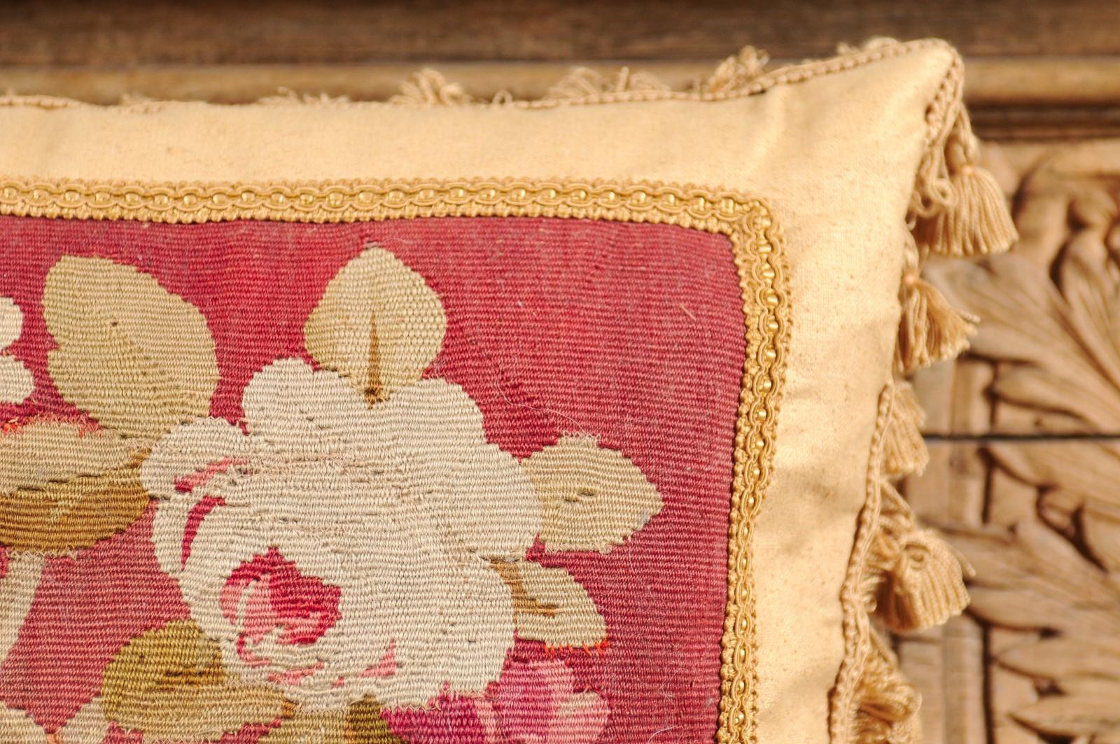 French 19th Century Aubusson Tapestry Pillow with Floral Decor and Tassels For Sale 10