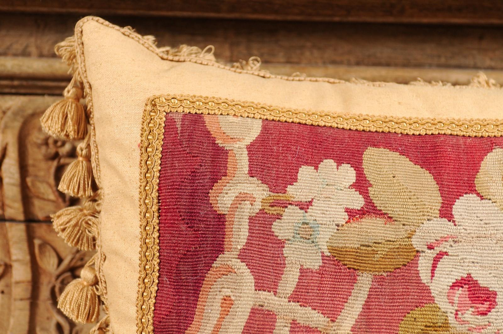 French 19th Century Aubusson Tapestry Pillow with Floral Decor and Tassels For Sale 11