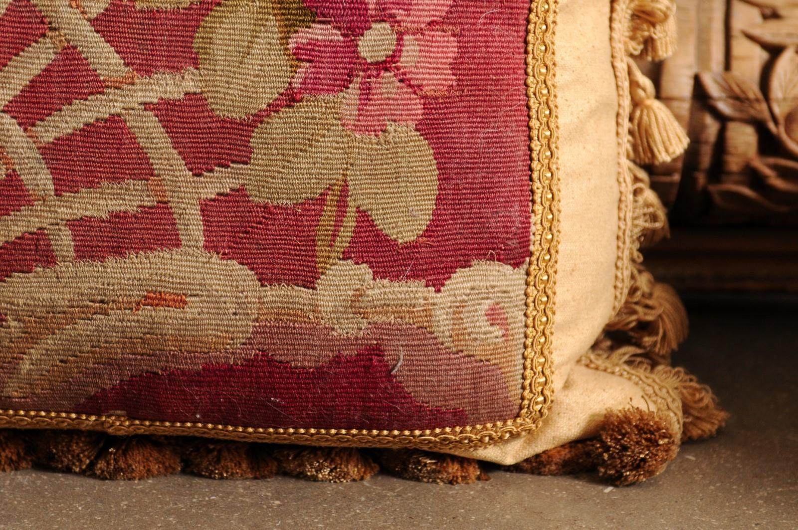 French 19th Century Aubusson Tapestry Pillow with Floral Decor and Tassels For Sale 13